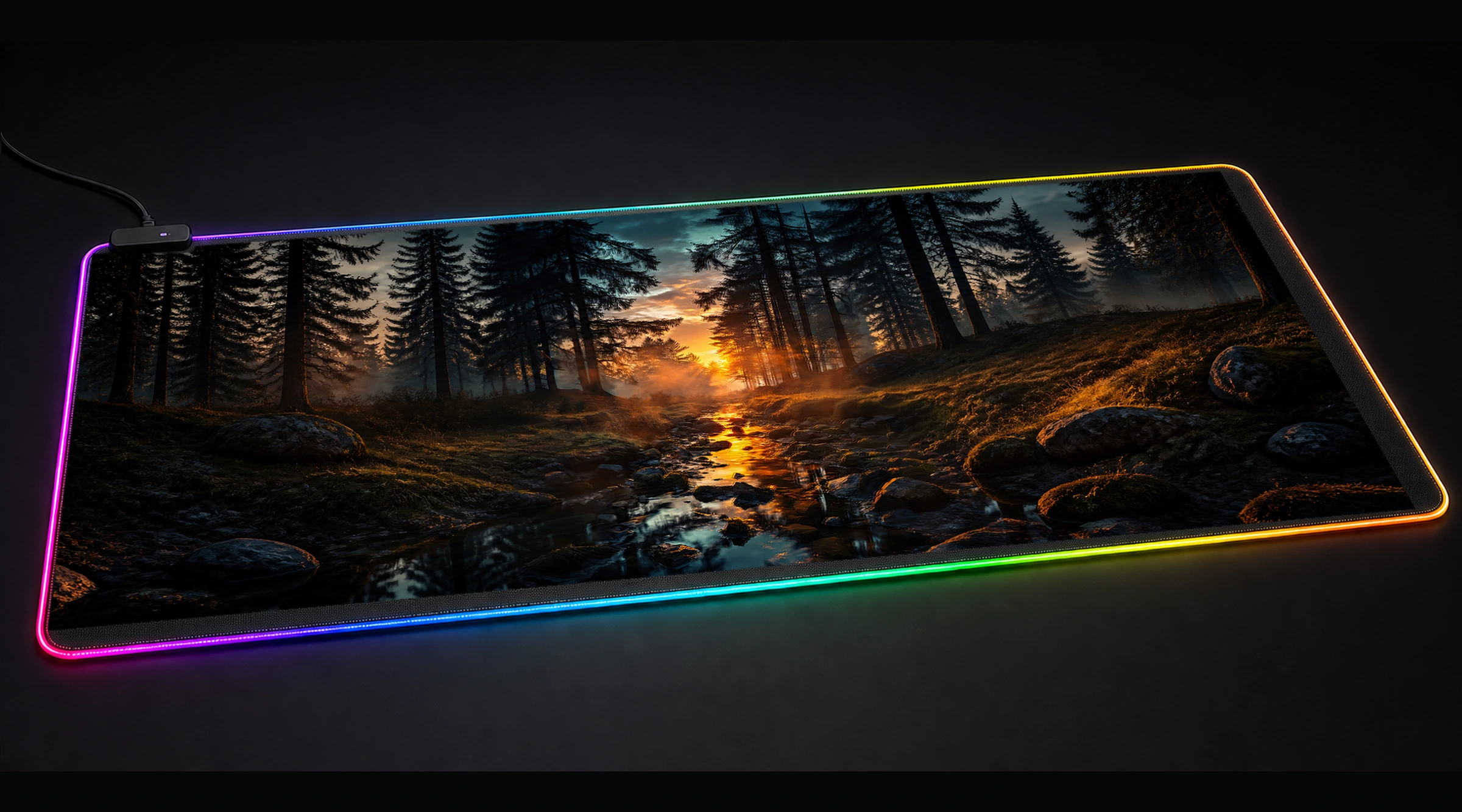 Trending Nature forest landscape panoramic RGB gaming desk mat product view