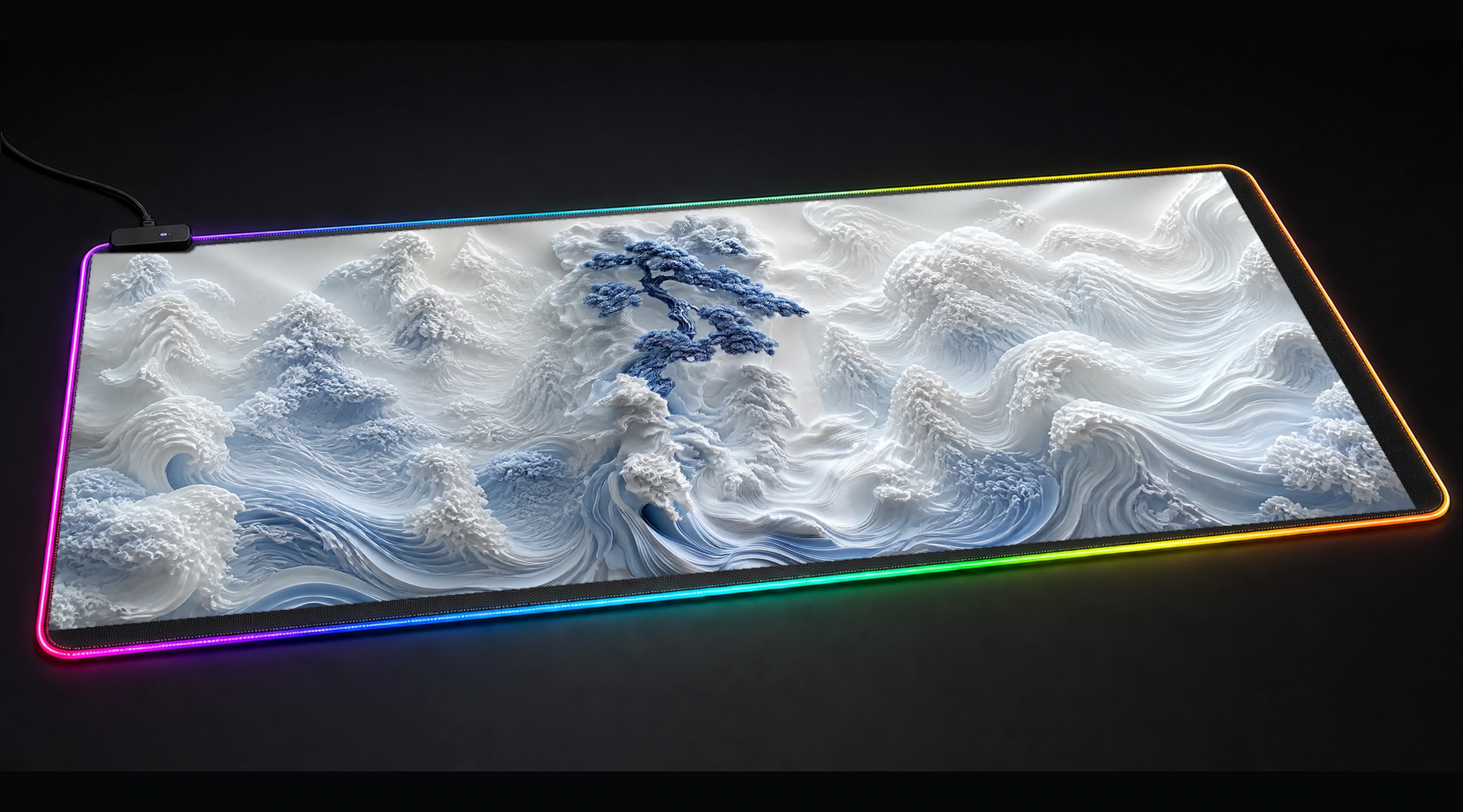 Blue and White Bonsai Tree Sculpture sakura fuji art panoramic RGB gaming desk mat product view