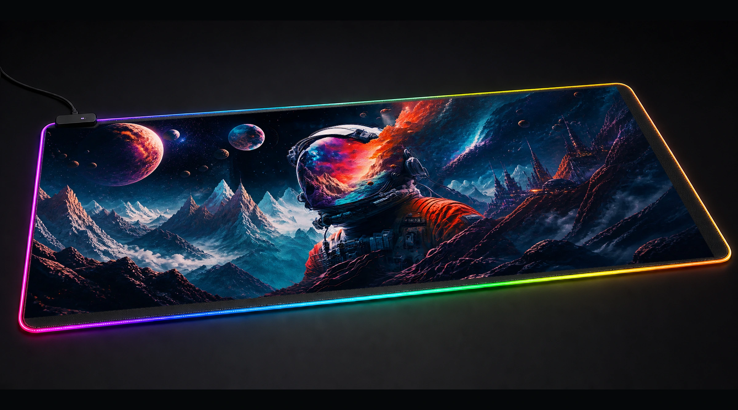 Space is Wild — Violet Signal City astronaut space art panoramic RGB gaming desk mat product view