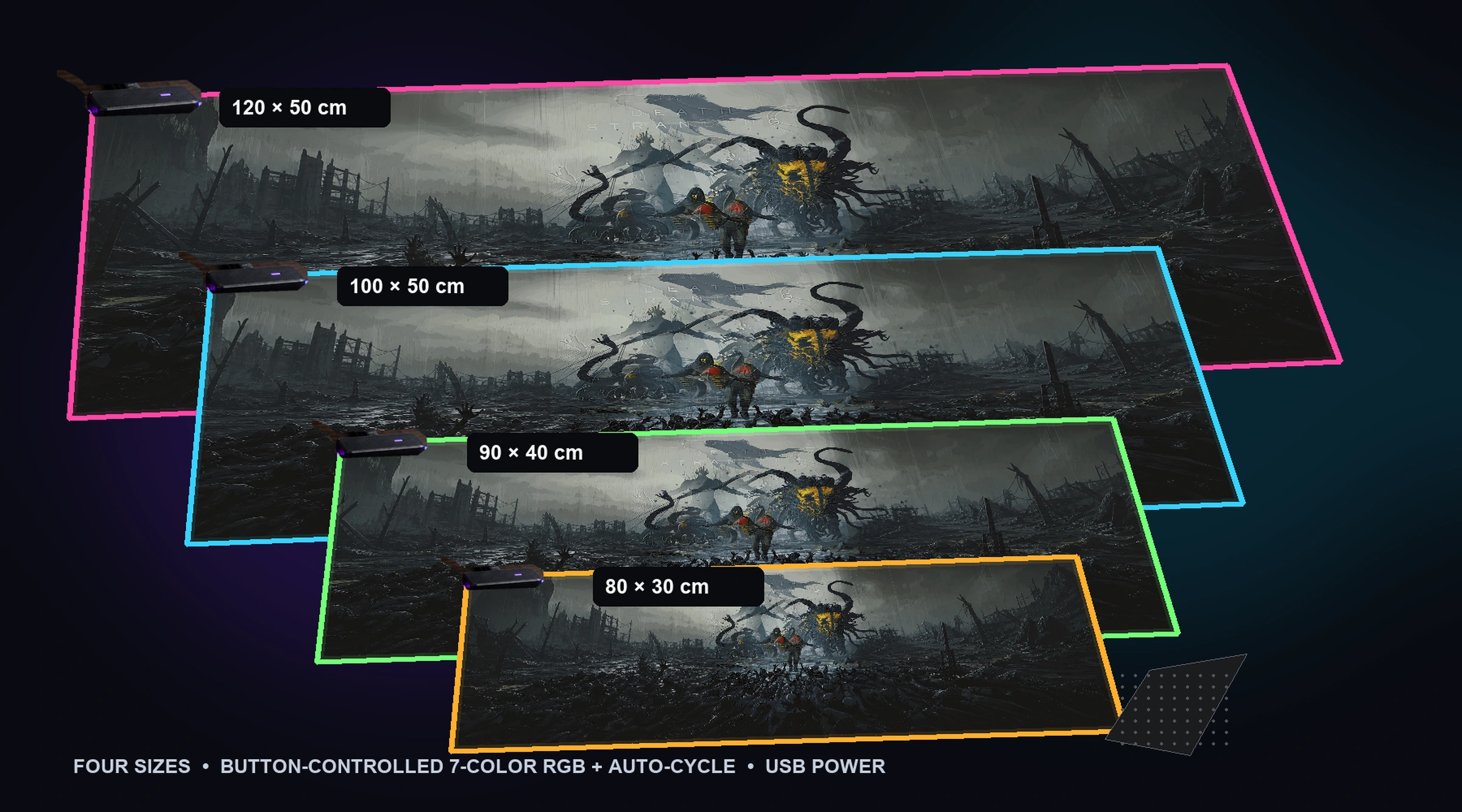 Four GlorySetup RGB desk mat sizes