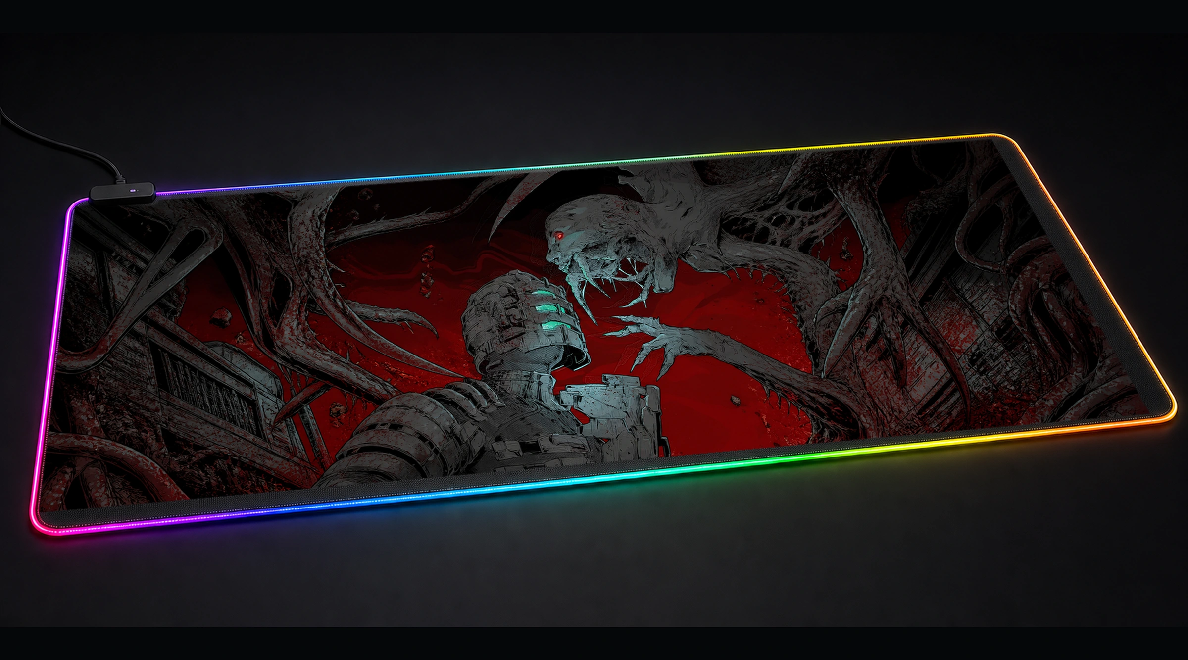 Dead Space: Isaac Clarke vs Necromorph game world art panoramic RGB gaming desk mat product view