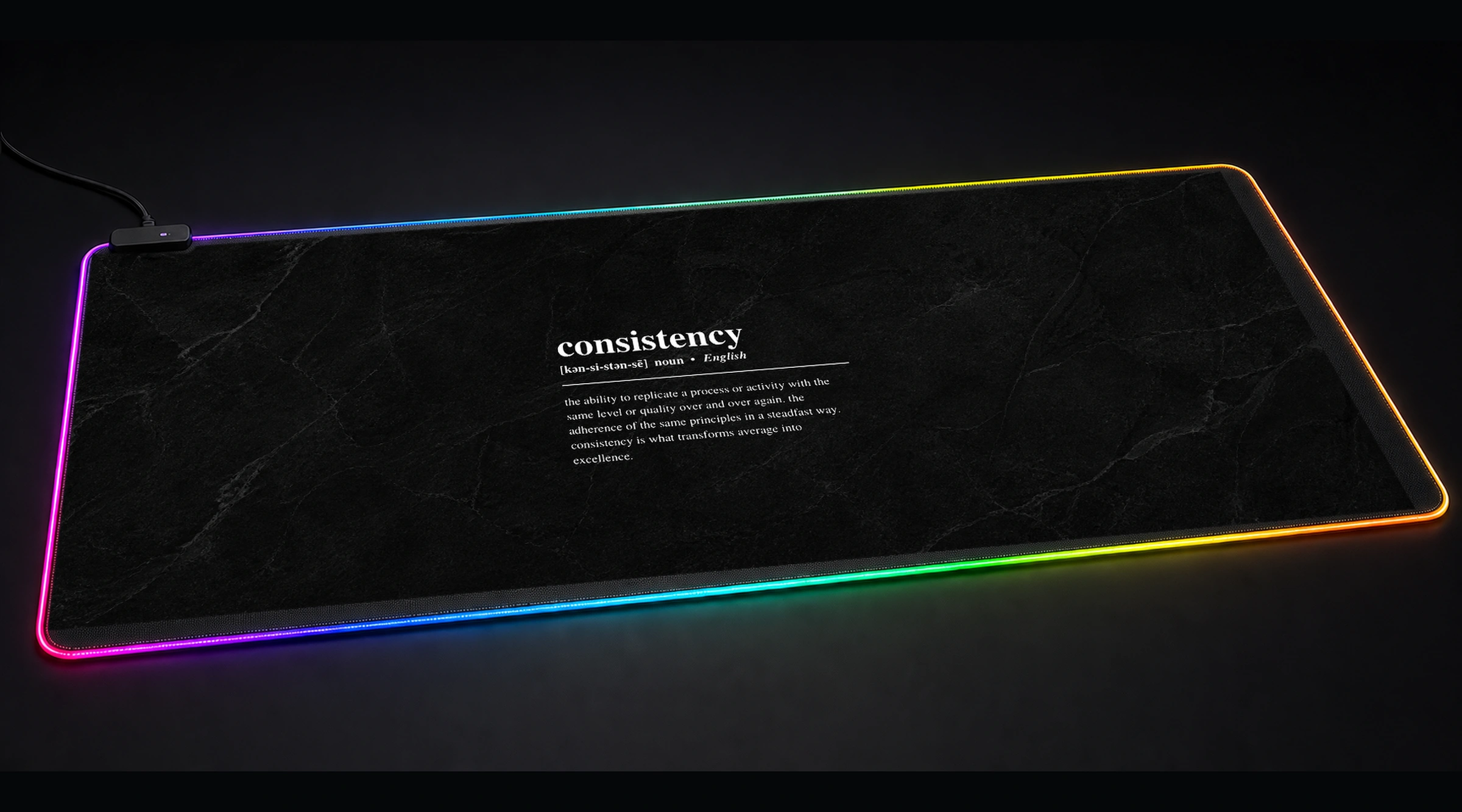 Consistency Definition on Black Background motivational quote panoramic RGB gaming desk mat product view