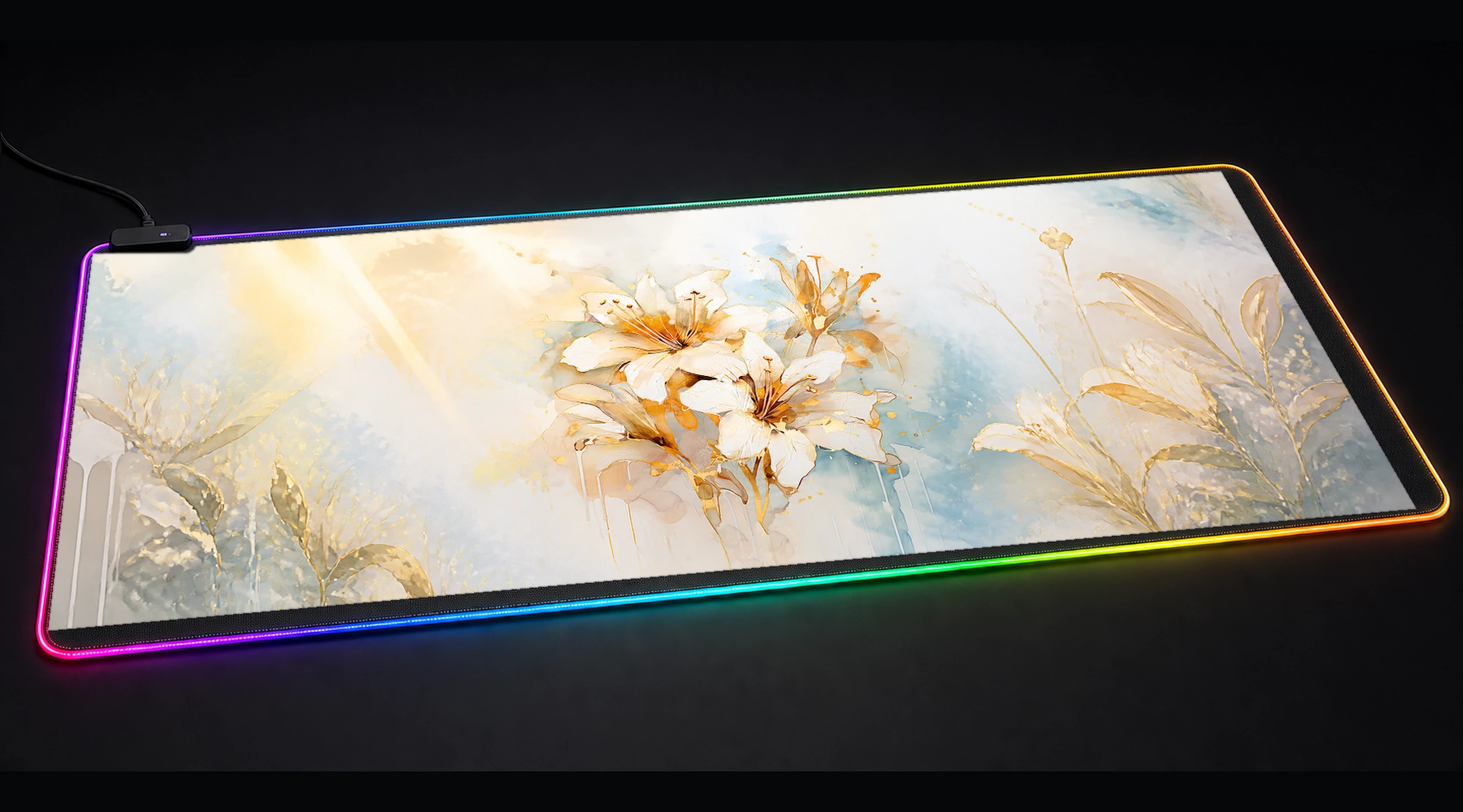 Flower Art — Golden Forest Light floral botanical art panoramic RGB gaming desk mat product view