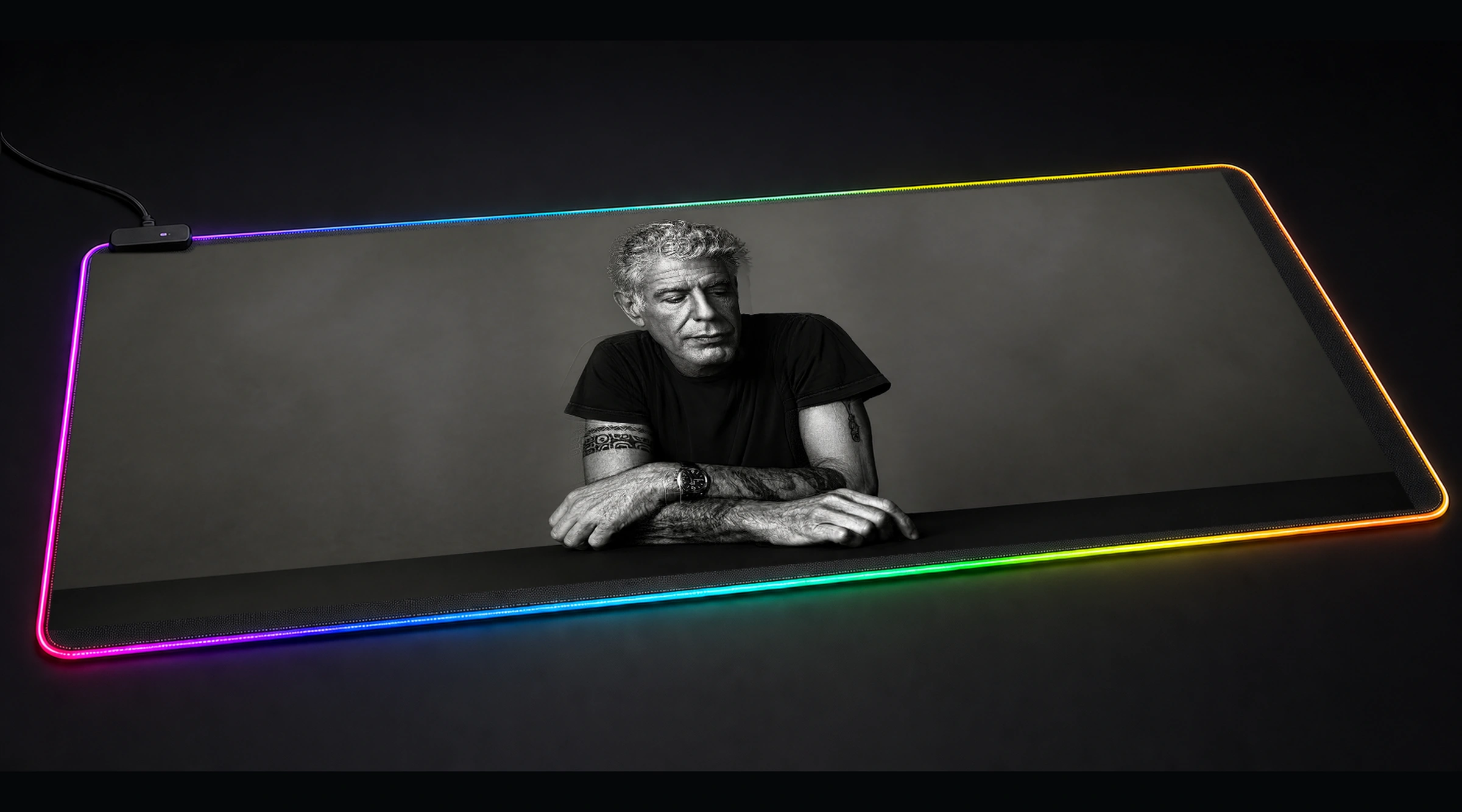 Portrait of Anthony Bourdain movie tv art panoramic RGB gaming desk mat product view