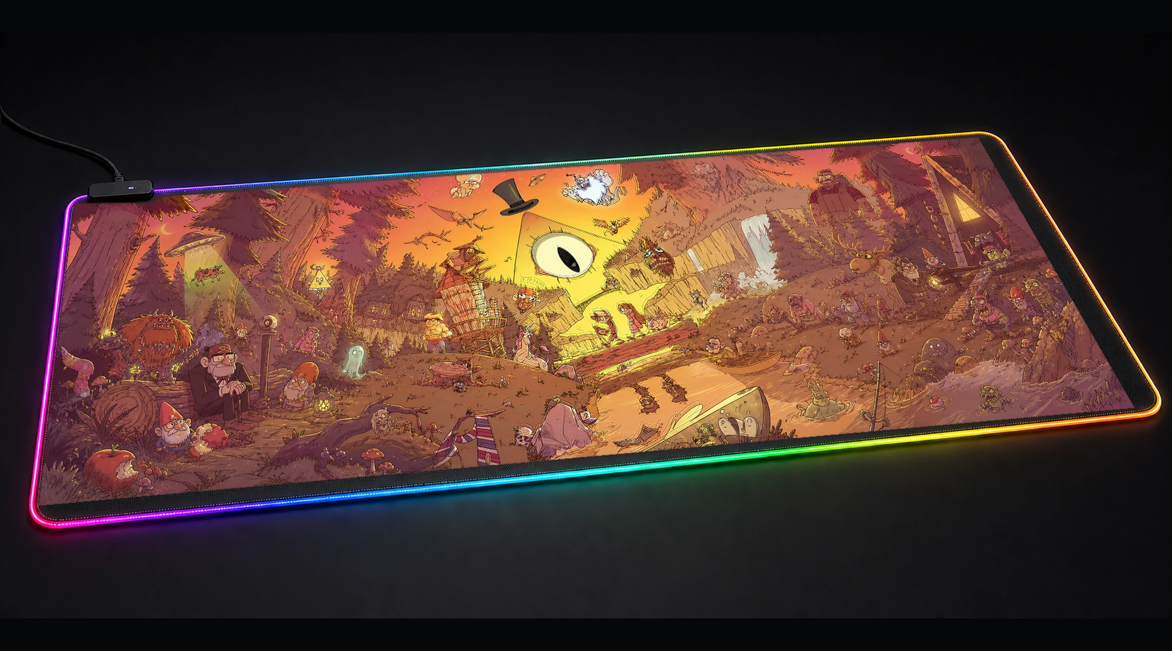 Gravity Falls Cartoon icon portrait art panoramic RGB gaming desk mat product view