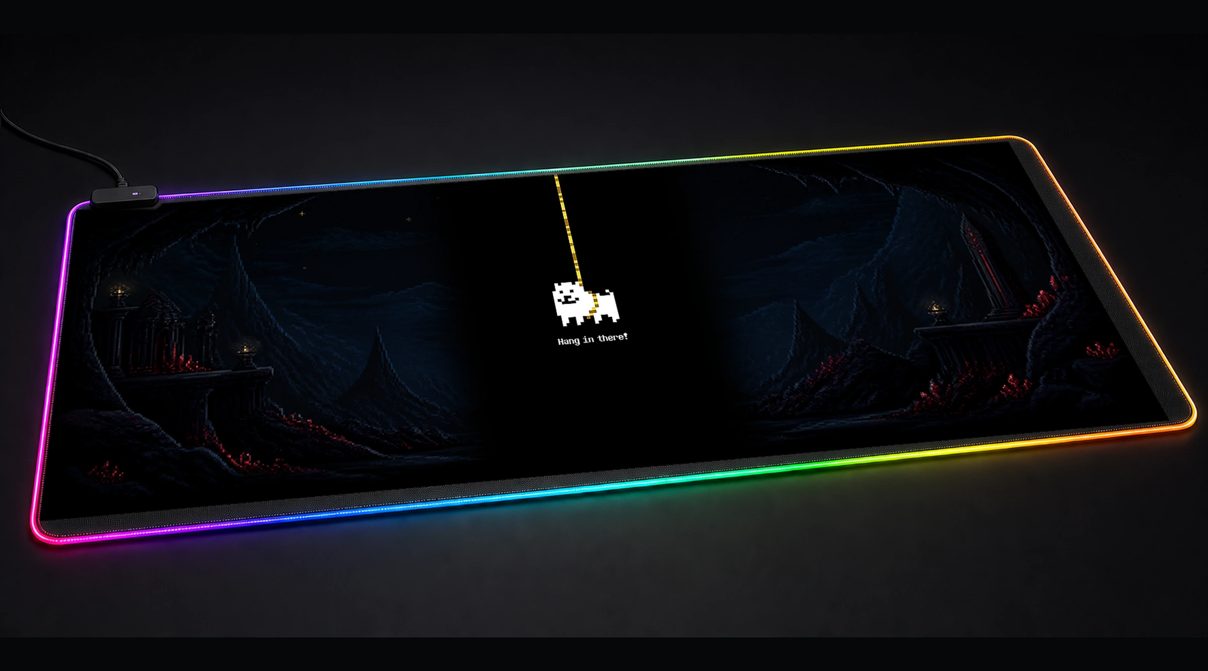 Undertale ' Hang in There?' retro arcade panoramic RGB gaming desk mat product view
