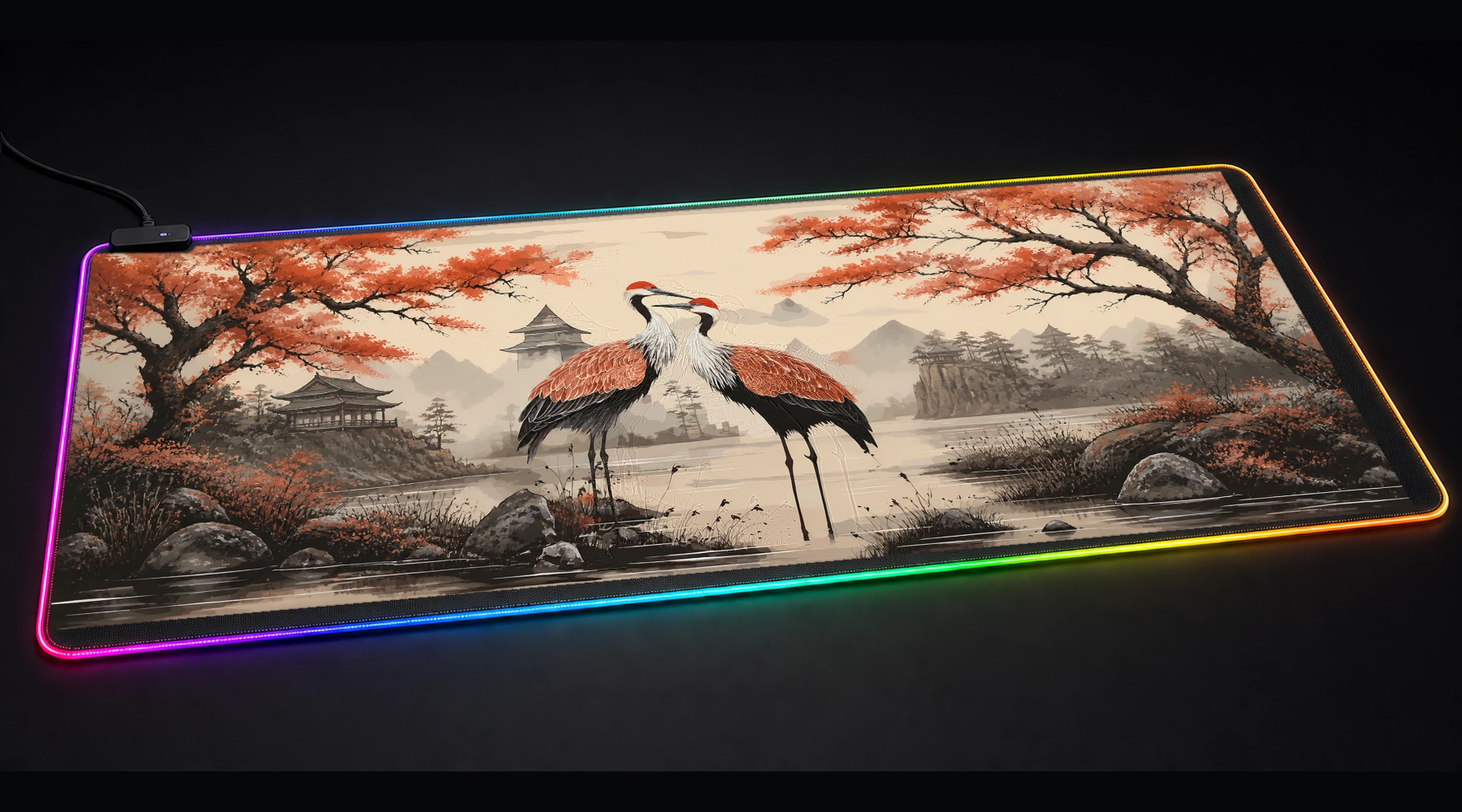 Japanese Crane — Golden Ronin japanese folklore panoramic RGB gaming desk mat product view