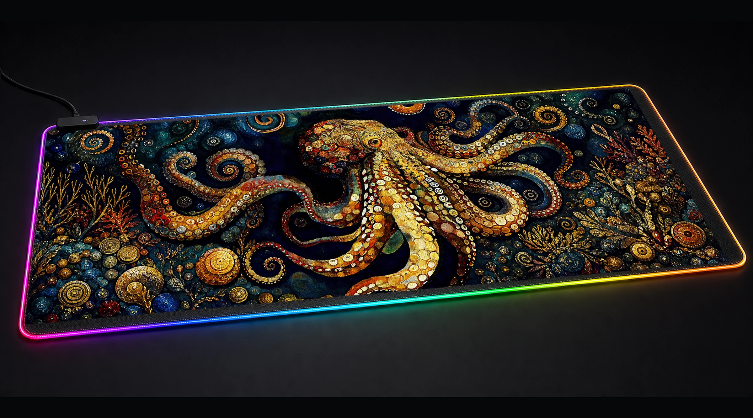 Paint Octopus marine life art panoramic RGB gaming desk mat product view