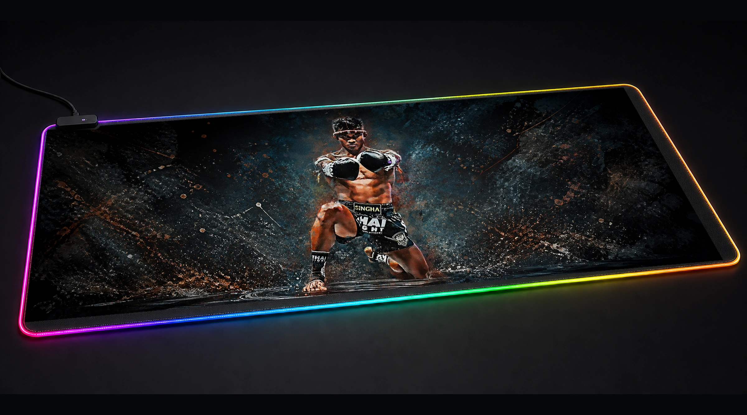 Splatter king Muay Thai sports art panoramic RGB gaming desk mat product view