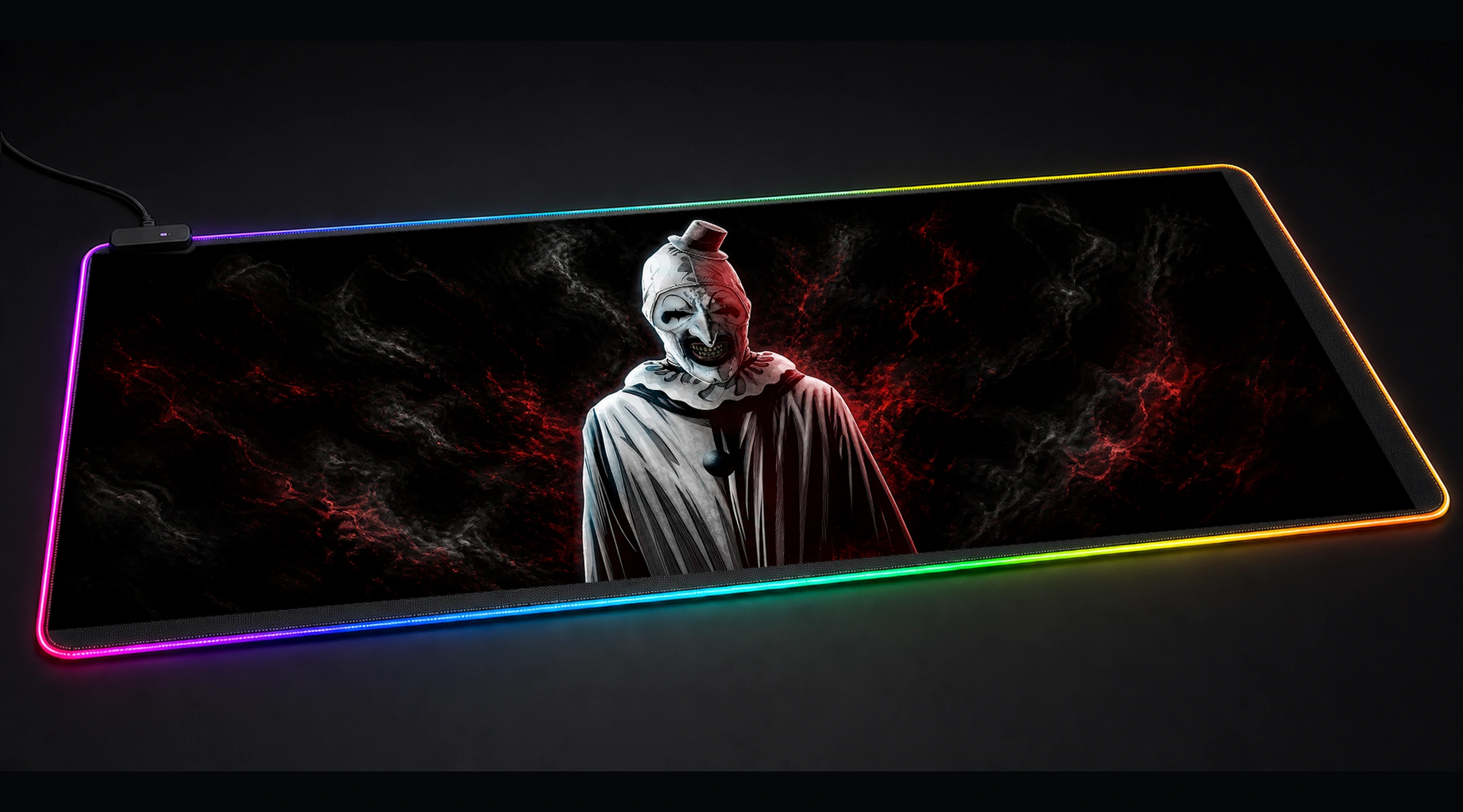 Terrifier — Monochrome Icon Frame movie tv art panoramic RGB gaming desk mat product view