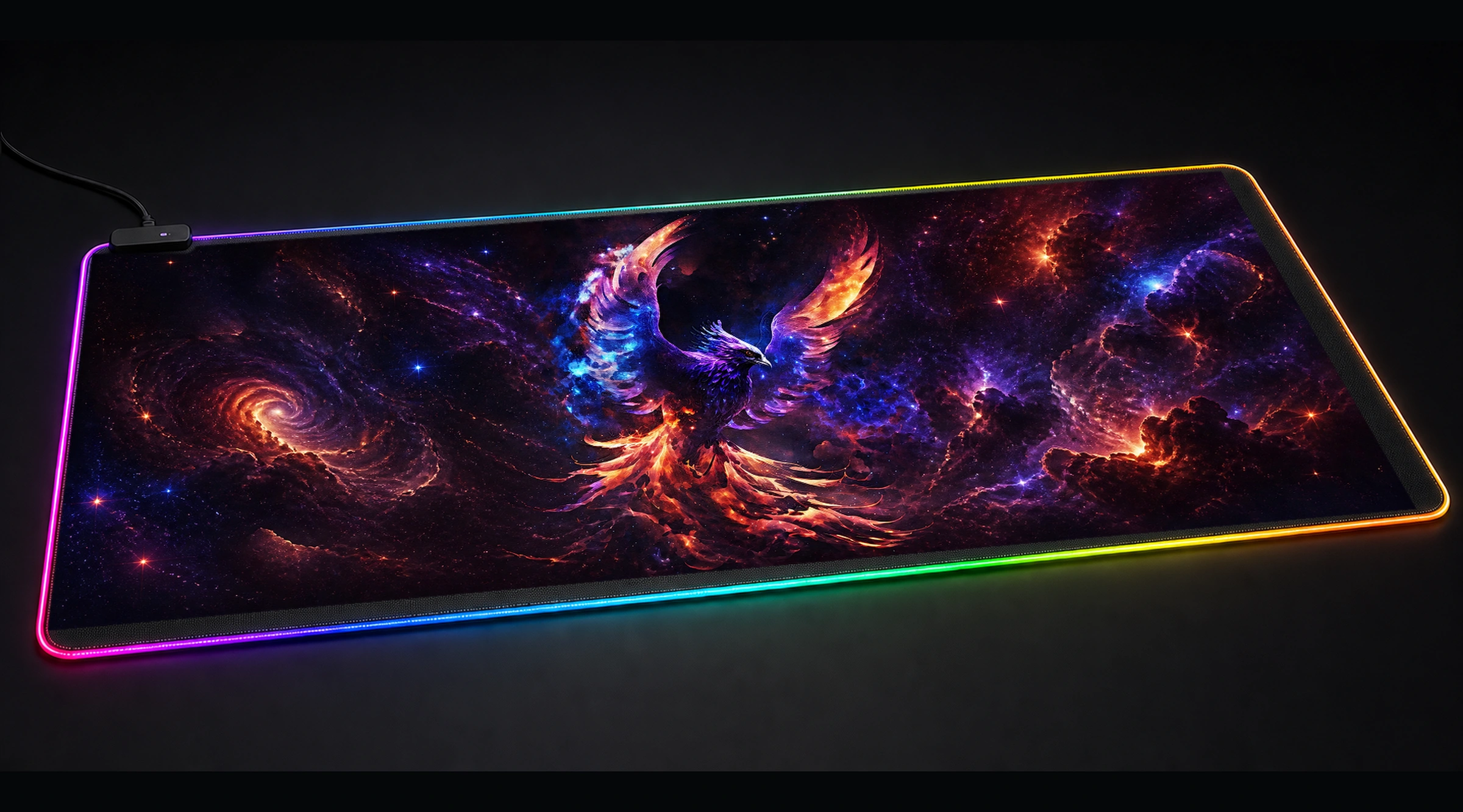 Mystical Phoenix galaxy space art panoramic RGB gaming desk mat product view