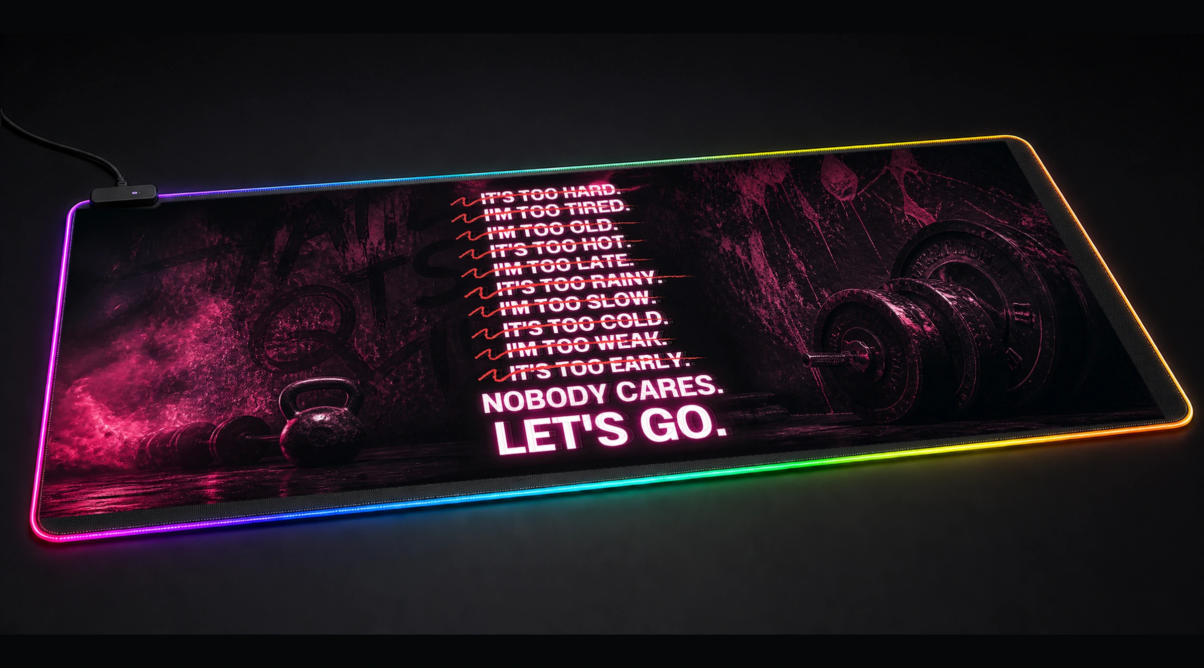 Gym Nobody Cares Lets Go. gym fitness art panoramic RGB gaming desk mat product view