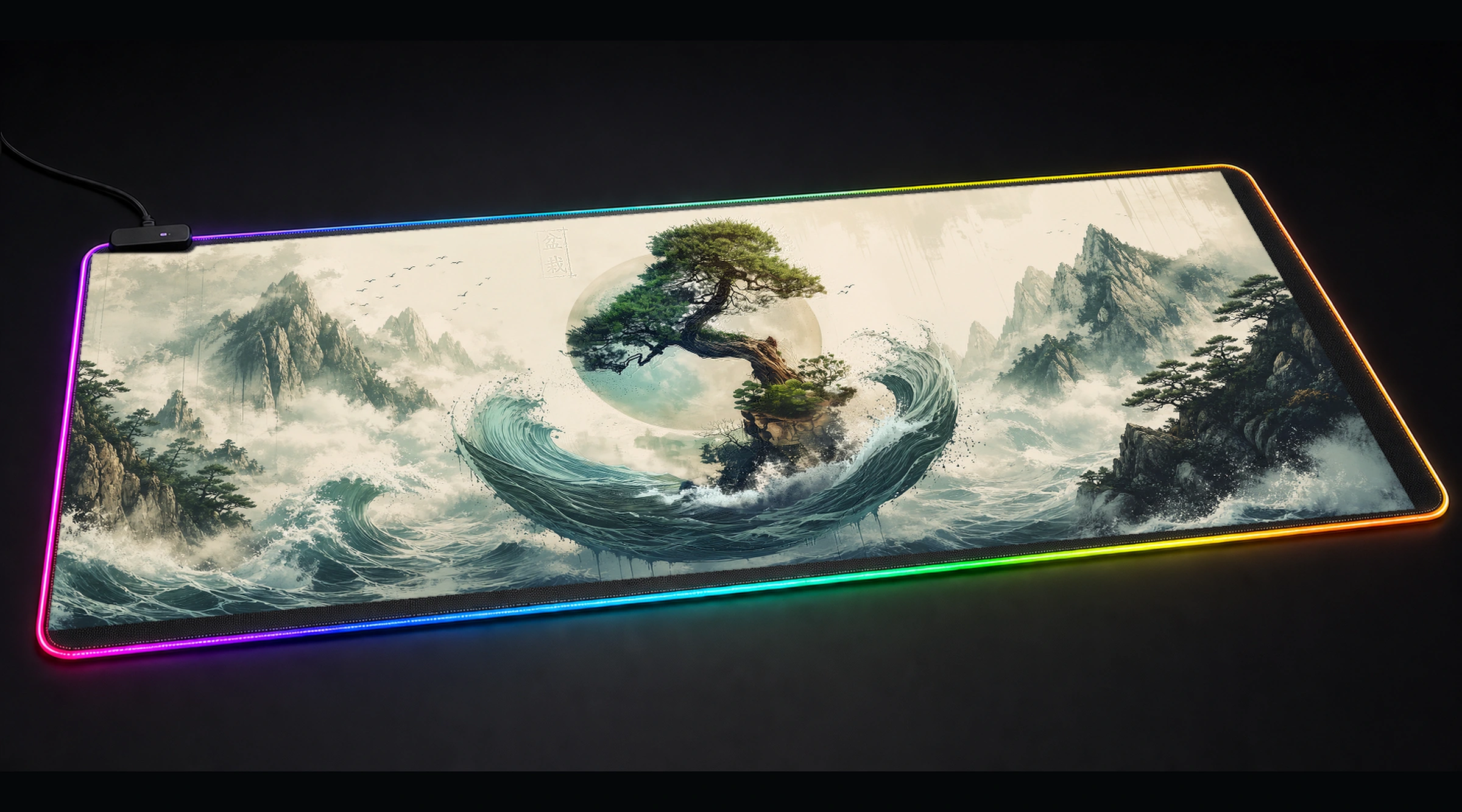 Bonsai — Monochrome Moon Gate sakura fuji art panoramic RGB gaming desk mat product view