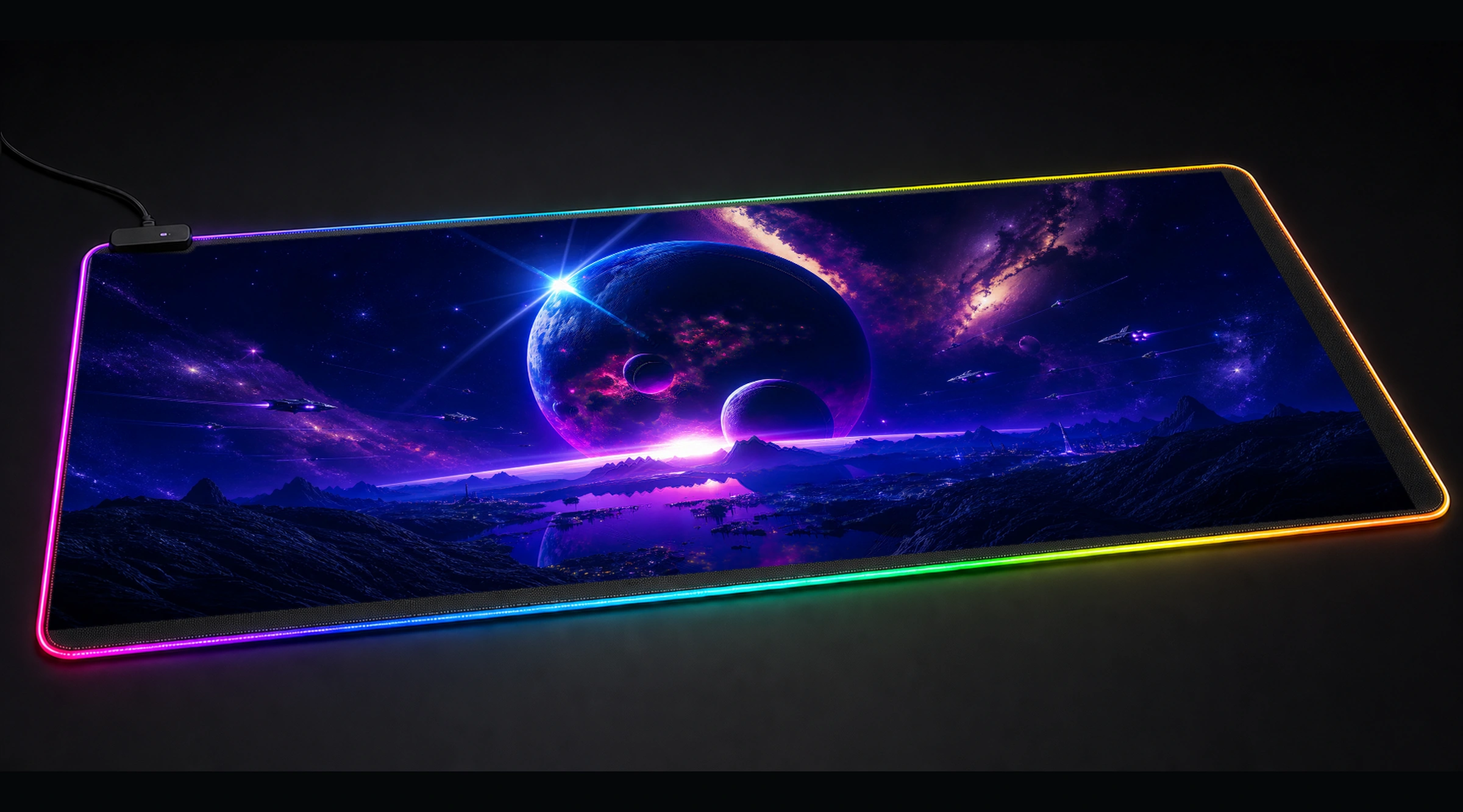 SPACE 11 astronaut space art panoramic RGB gaming desk mat product view