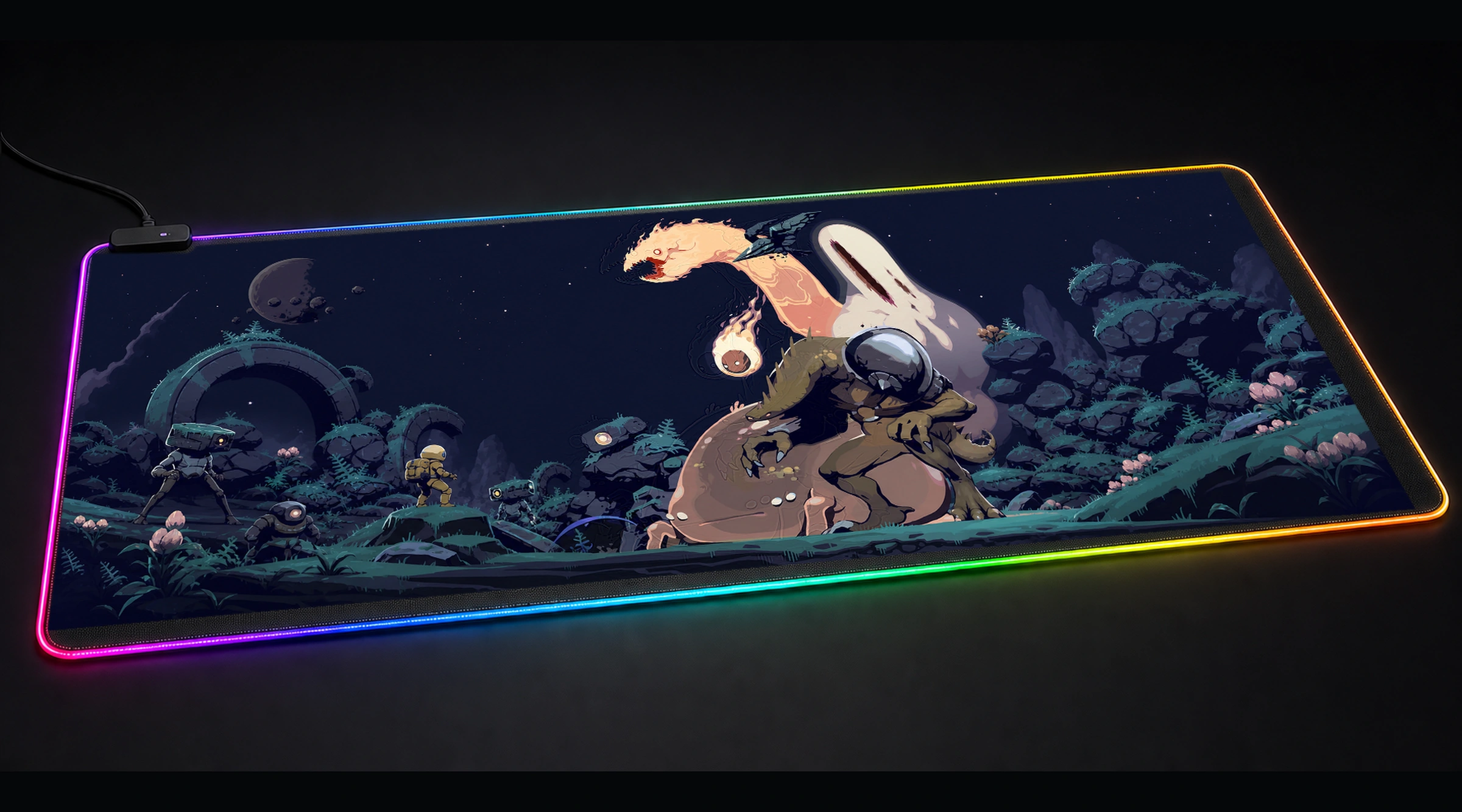 Risk of Rain 2 game world art panoramic RGB gaming desk mat product view