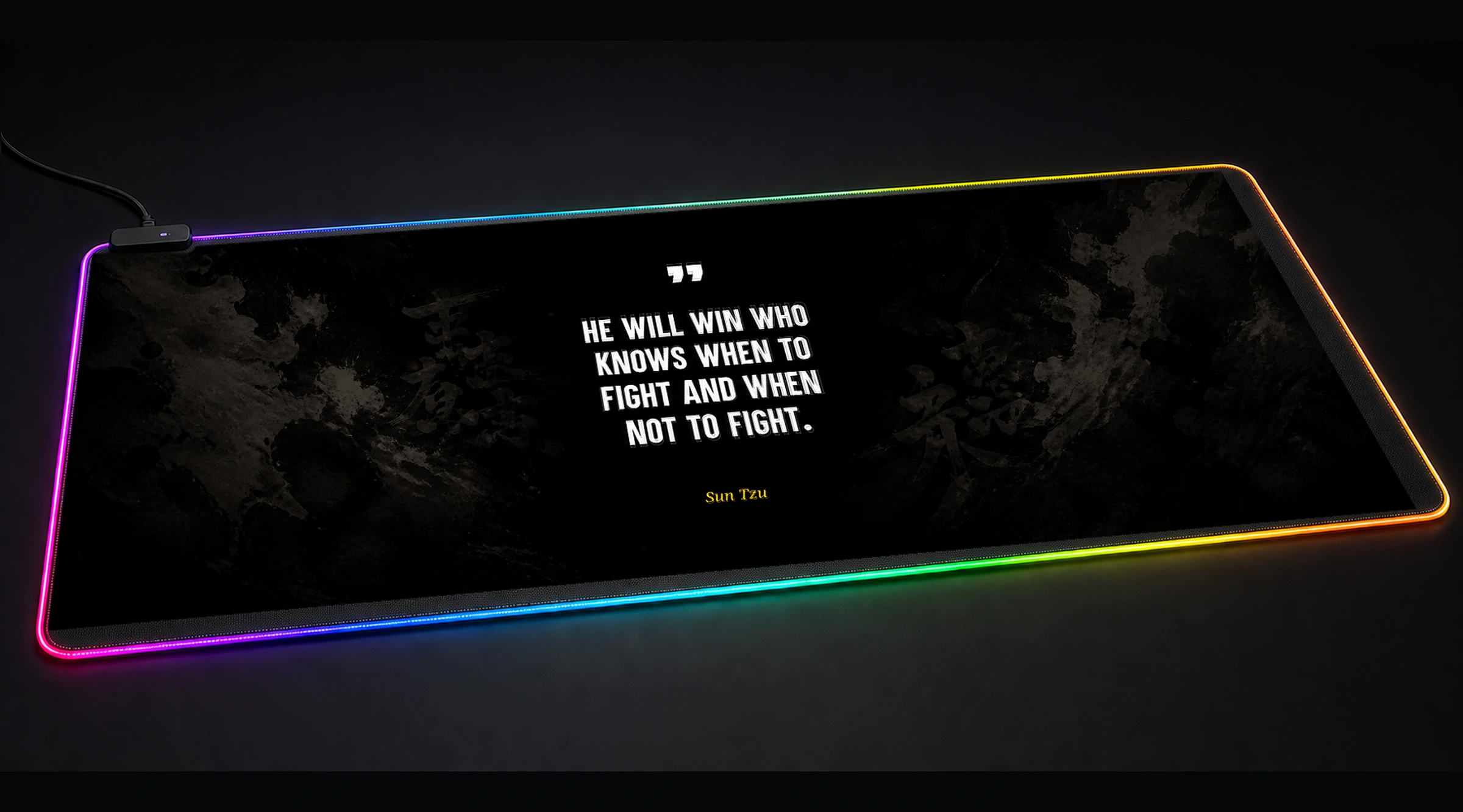 Sun Tzu Quote motivational quote panoramic RGB gaming desk mat product view