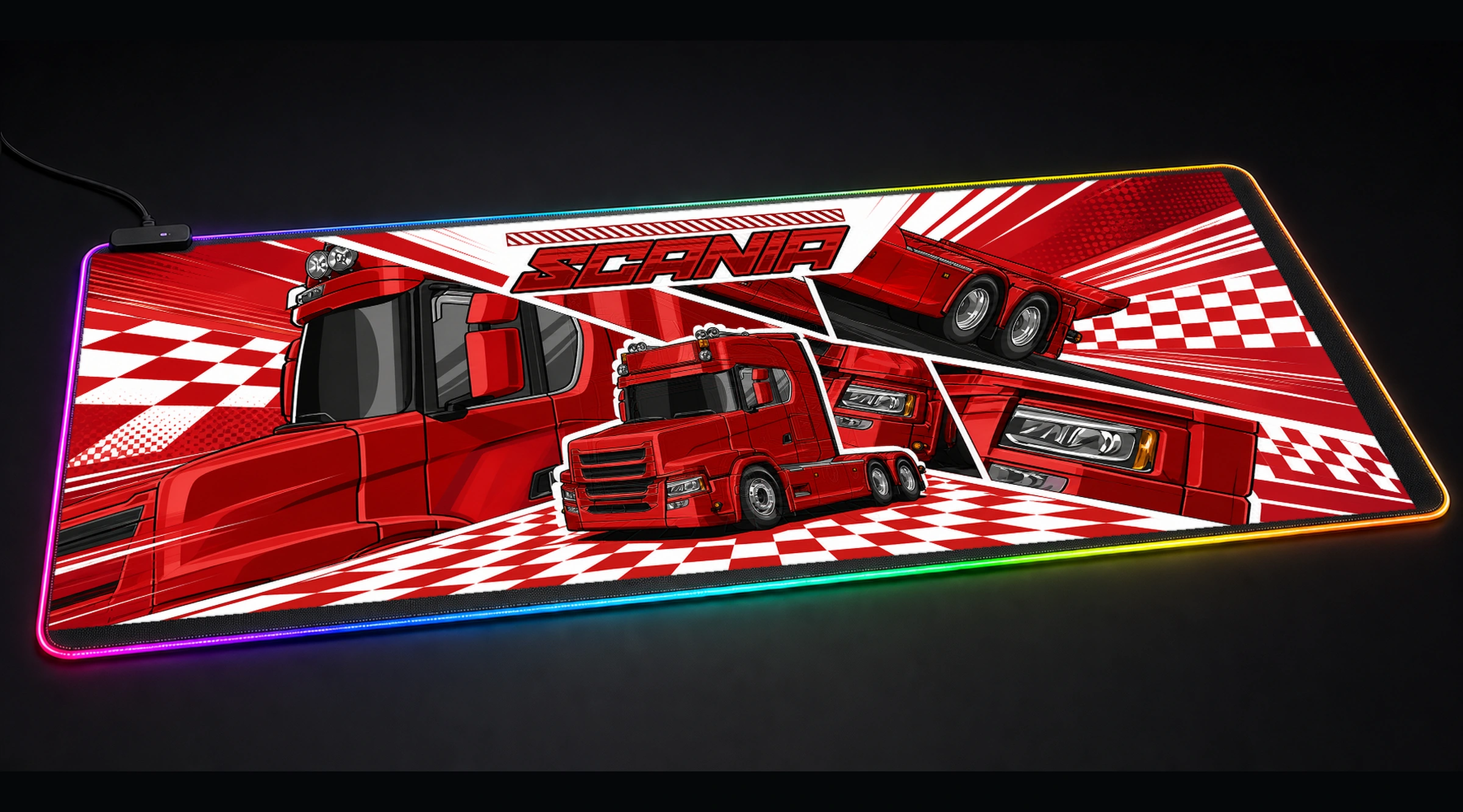 Red Scania Truck Illustration truck vehicle art panoramic RGB gaming desk mat product view