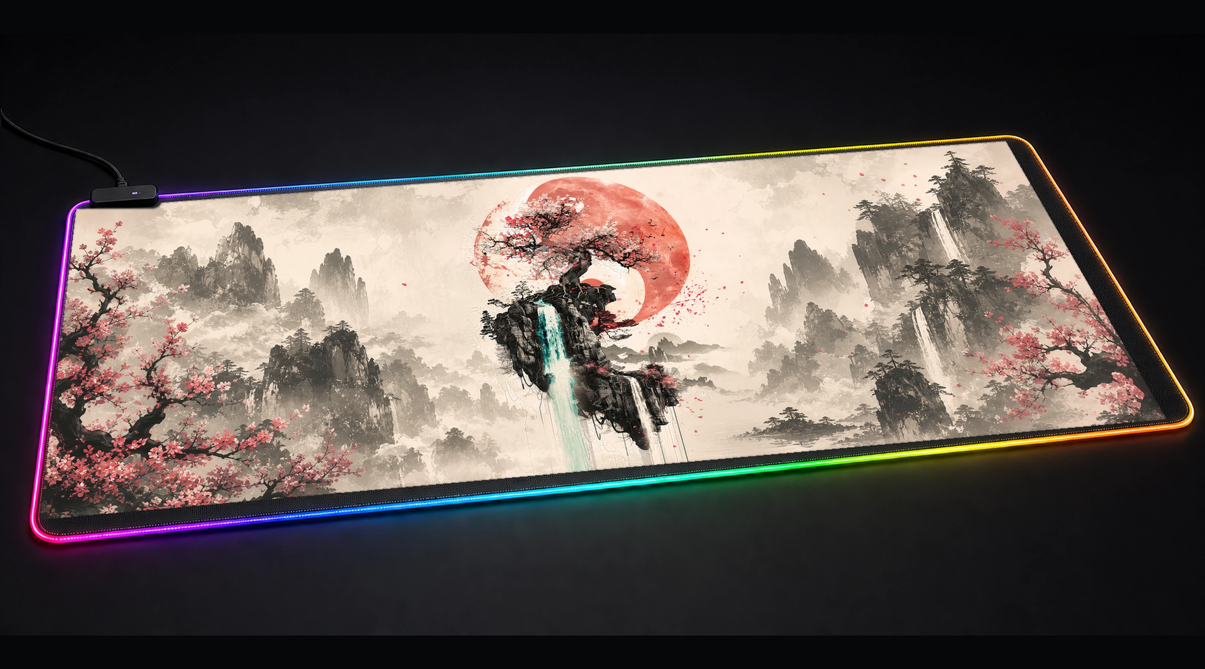 Sakura Watrefall Yin Yang sakura fuji art panoramic RGB gaming desk mat product view