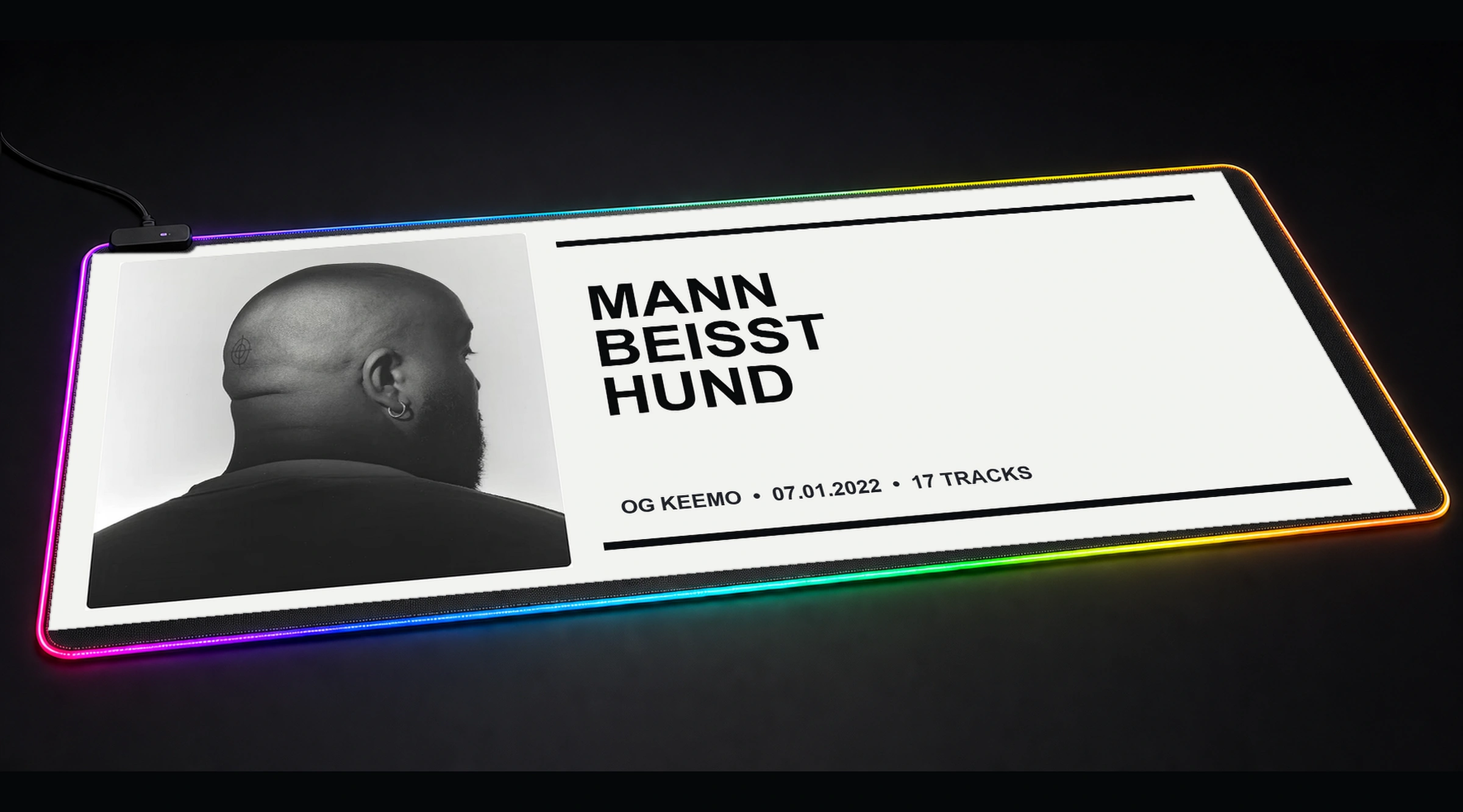 OG Keemo Mann beisst Hund music band art panoramic RGB gaming desk mat product view