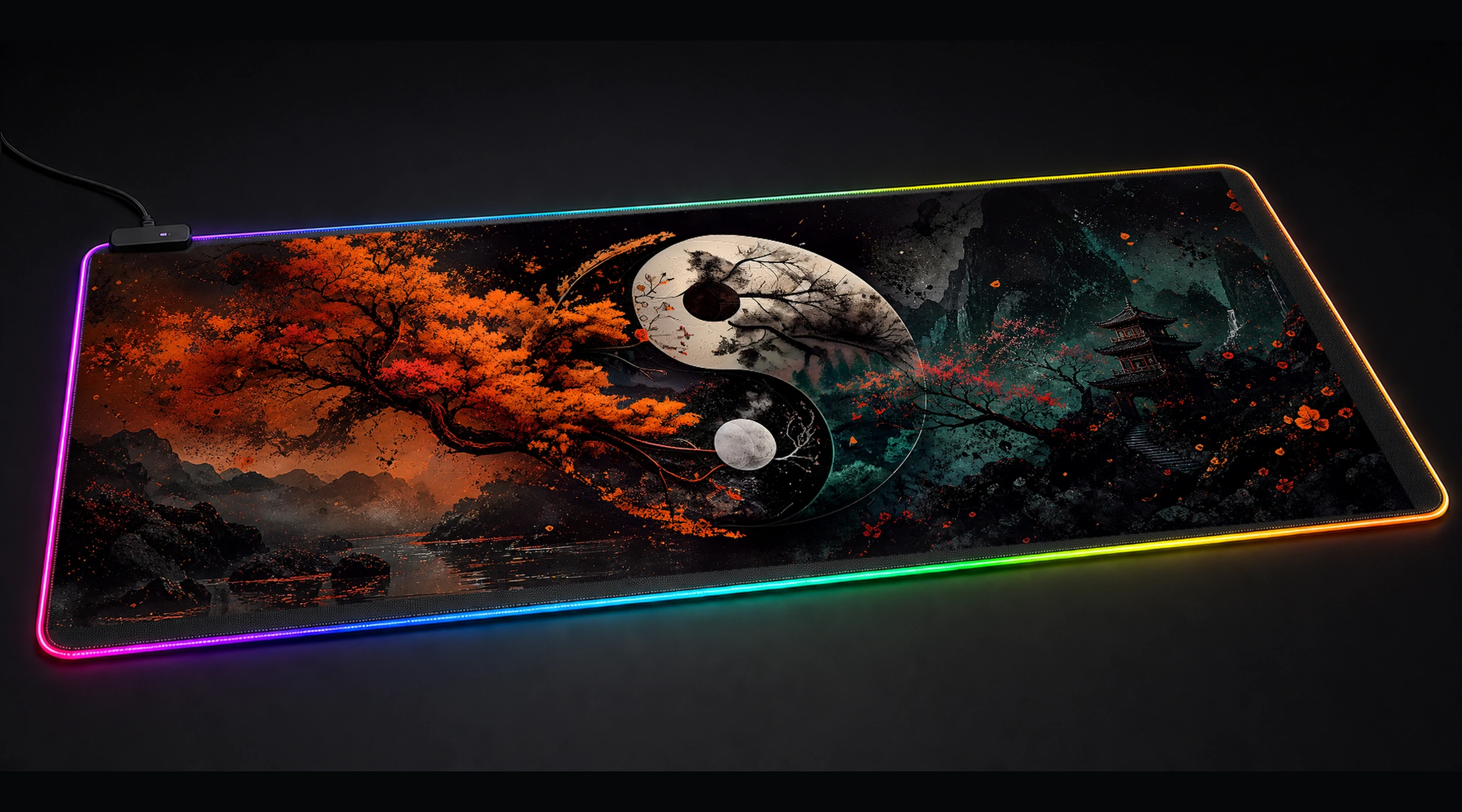 Yin Yang japanese anime art panoramic RGB gaming desk mat product view