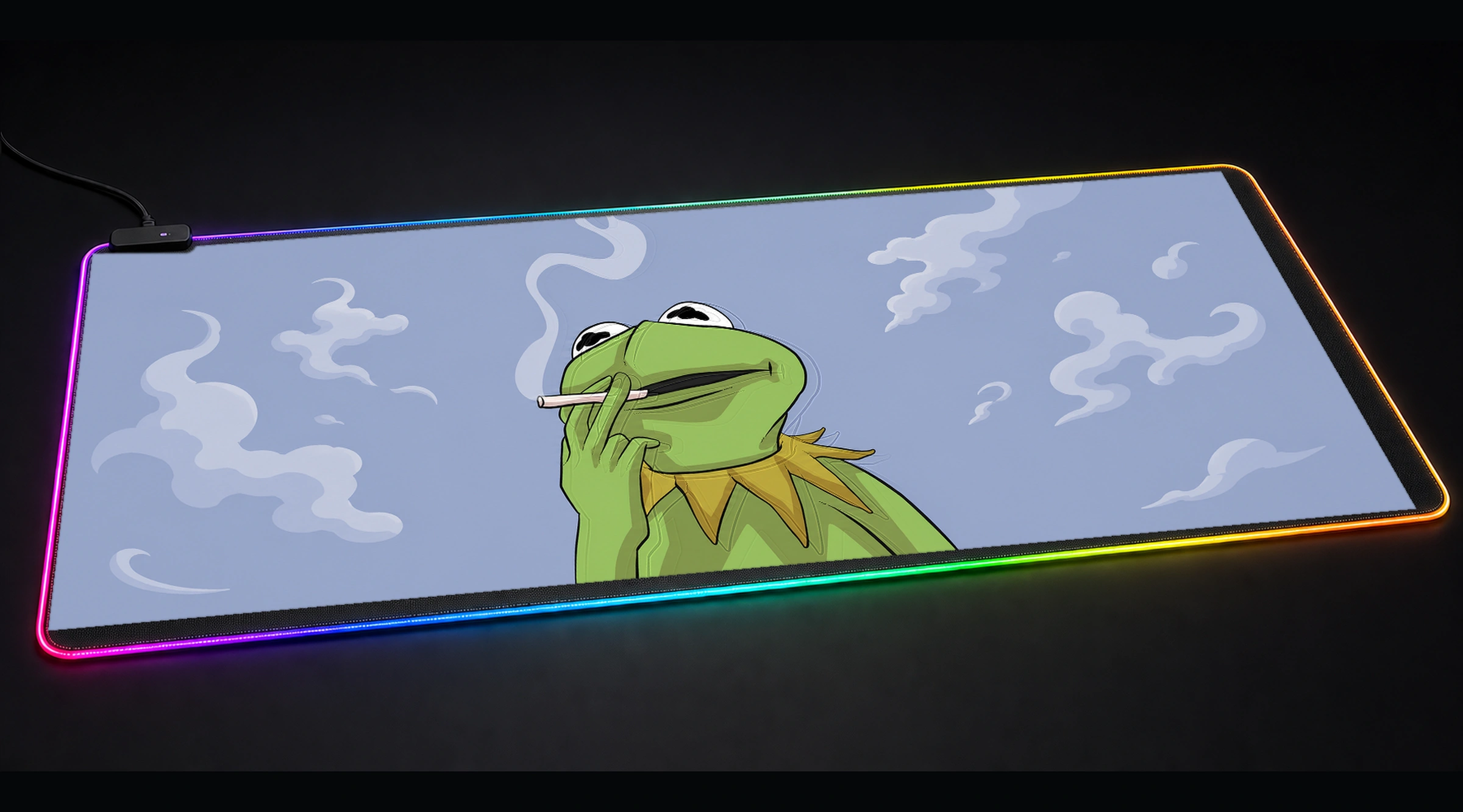 Smoking Kermit funny meme art panoramic RGB gaming desk mat product view