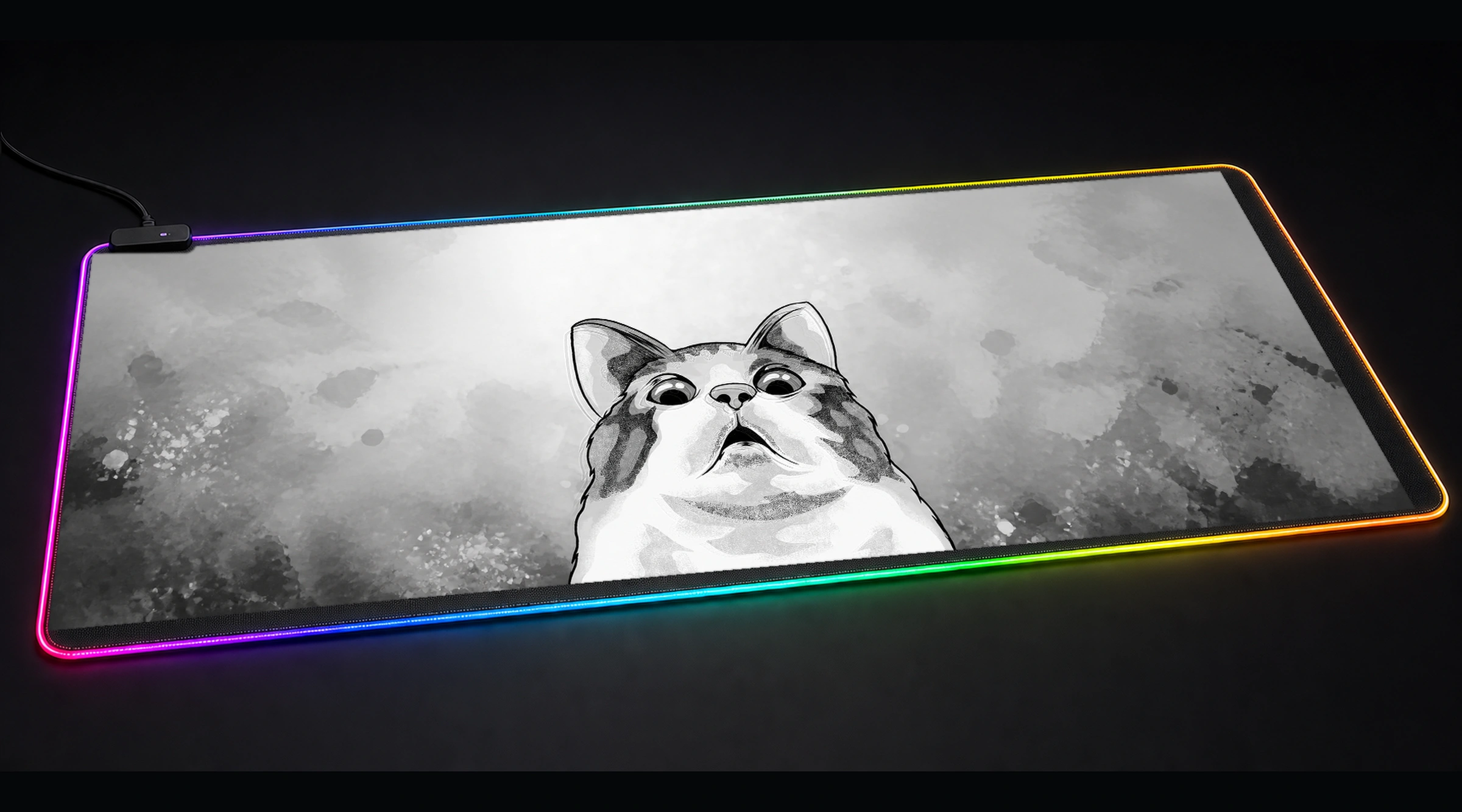 Scared cat pet portrait art panoramic RGB gaming desk mat product view