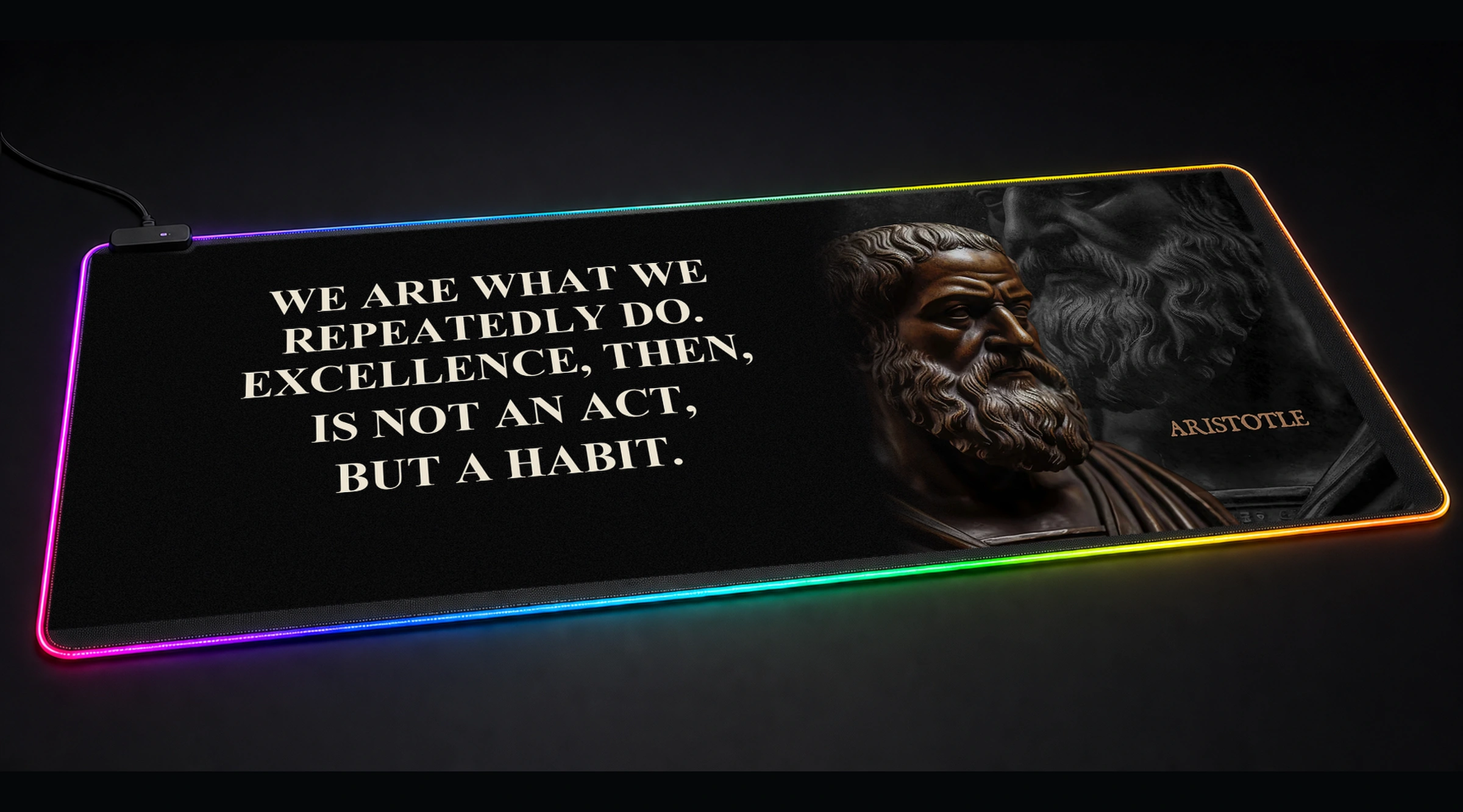 Aristotle Quote - Excellence Is a Habit motivational quote panoramic RGB gaming desk mat product view