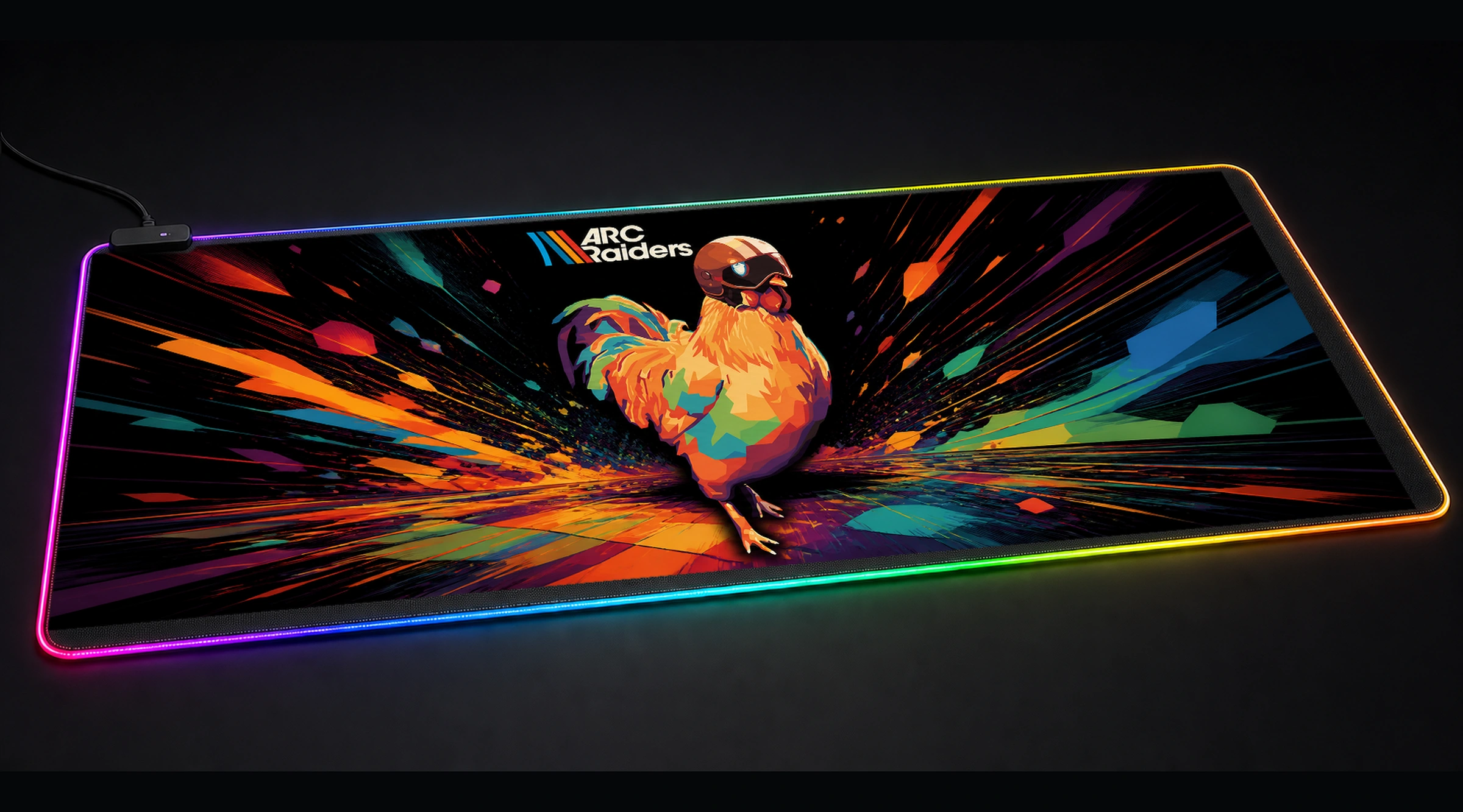 Chicken with Helmet - Arc Raiders motorcycle motocross panoramic RGB gaming desk mat product view