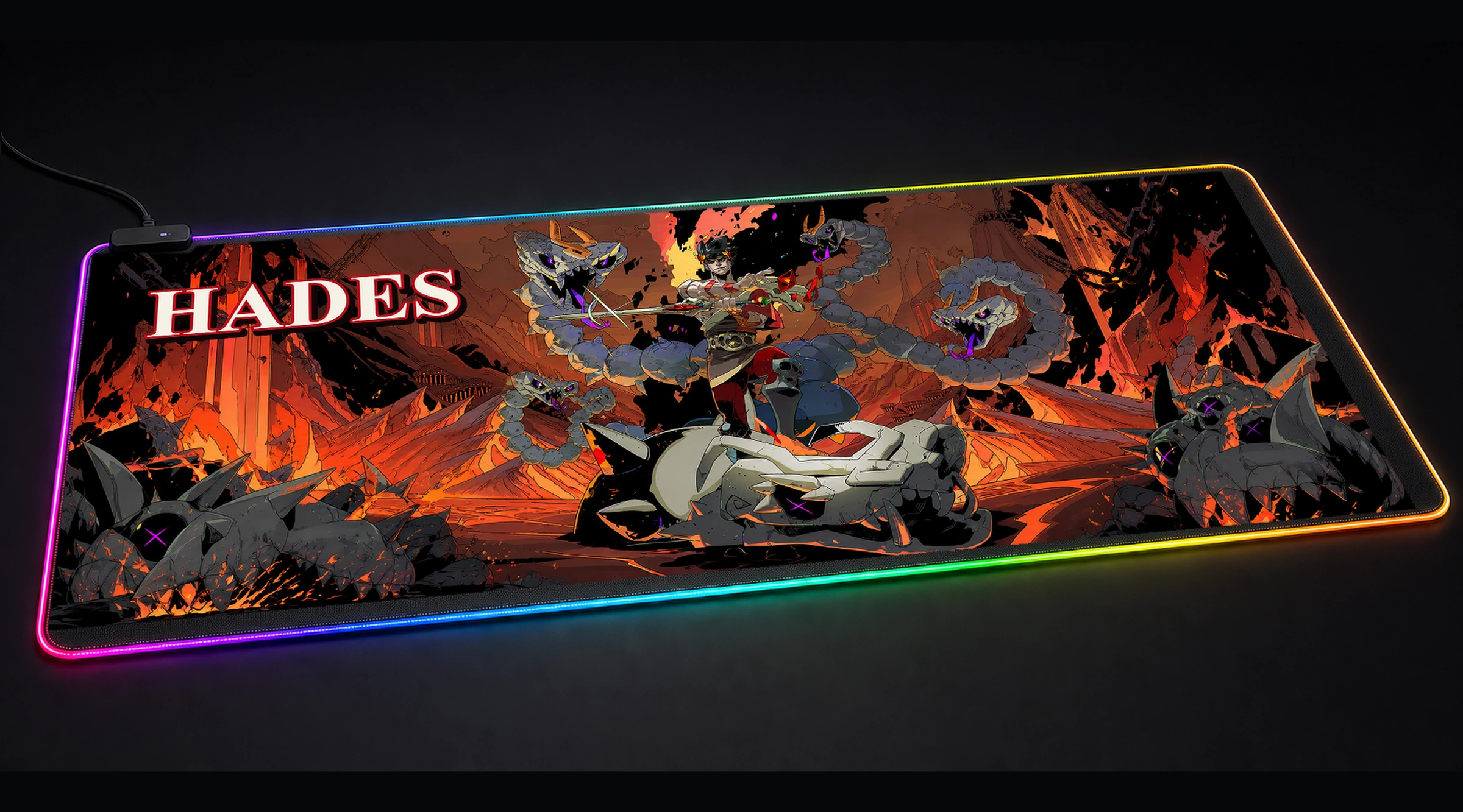 Hades — Crimson Power Core game world art panoramic RGB gaming desk mat product view
