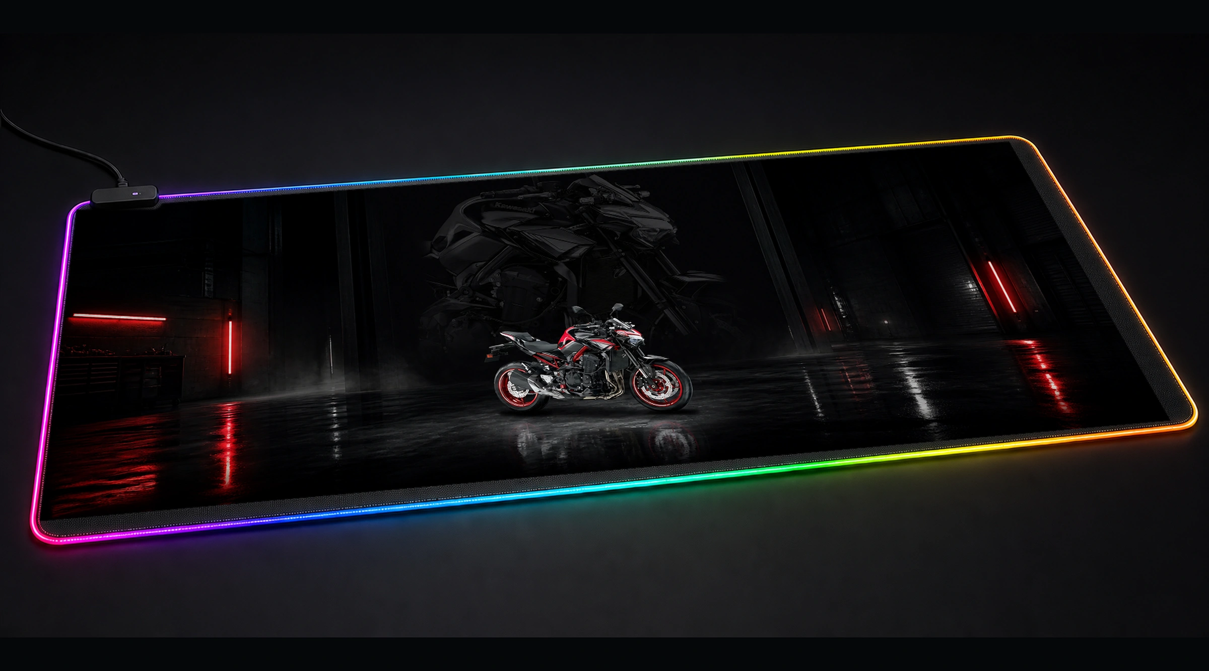 Red and Black Kawasaki Z900 motorcycle motocross panoramic RGB gaming desk mat product view