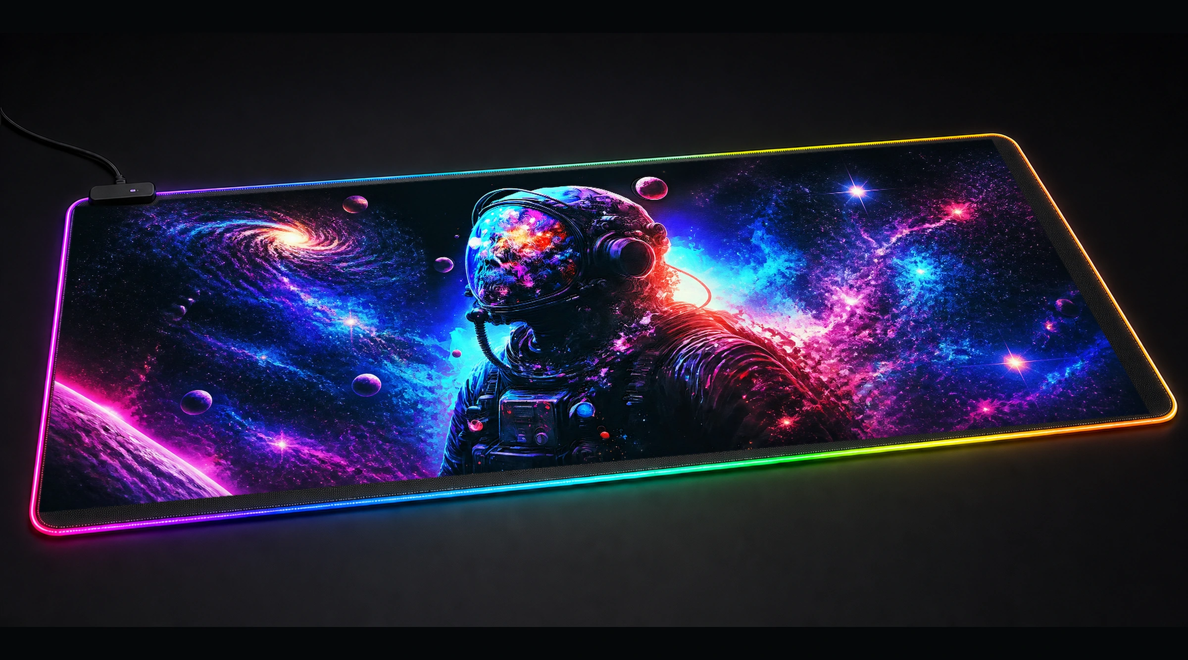 Neon Astronaut astronaut space art panoramic RGB gaming desk mat product view