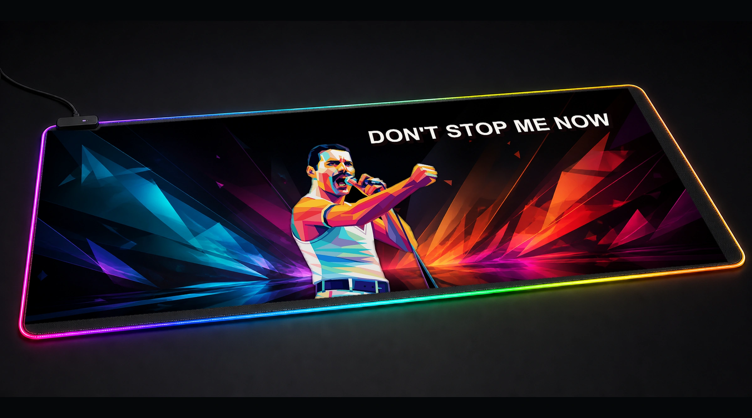 Freddie Mercury 'Don't Stop Me Now' Art marble fluid art panoramic RGB gaming desk mat product view