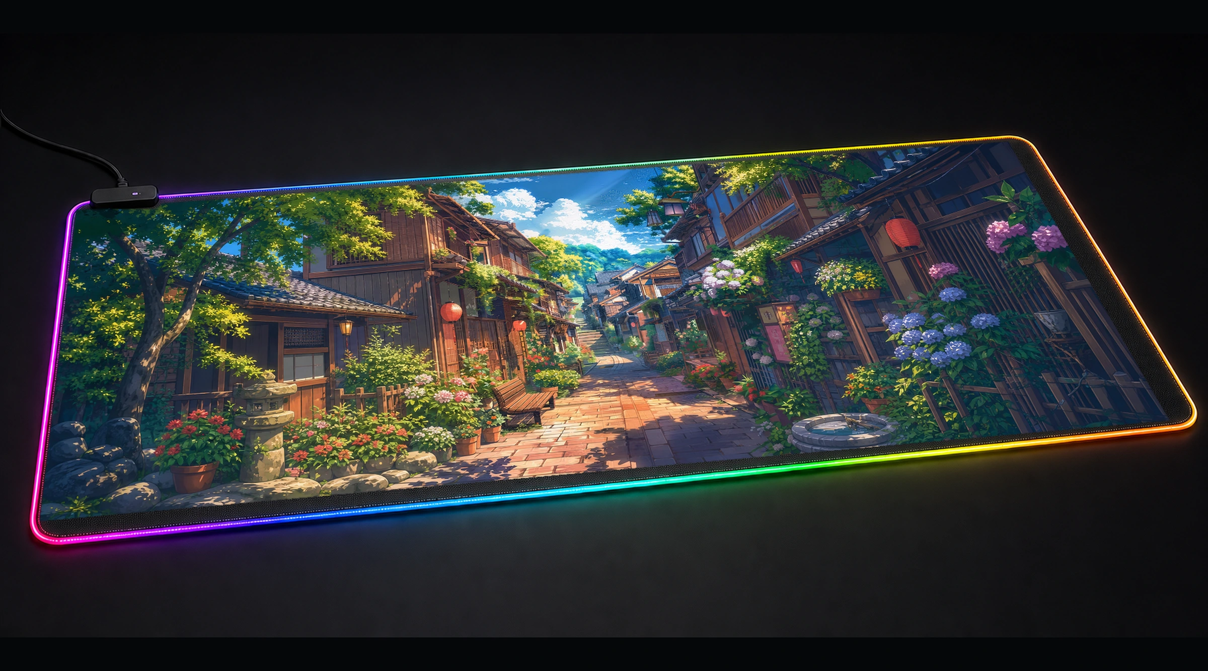 Sunlit Street Japan anime art panoramic RGB gaming desk mat product view