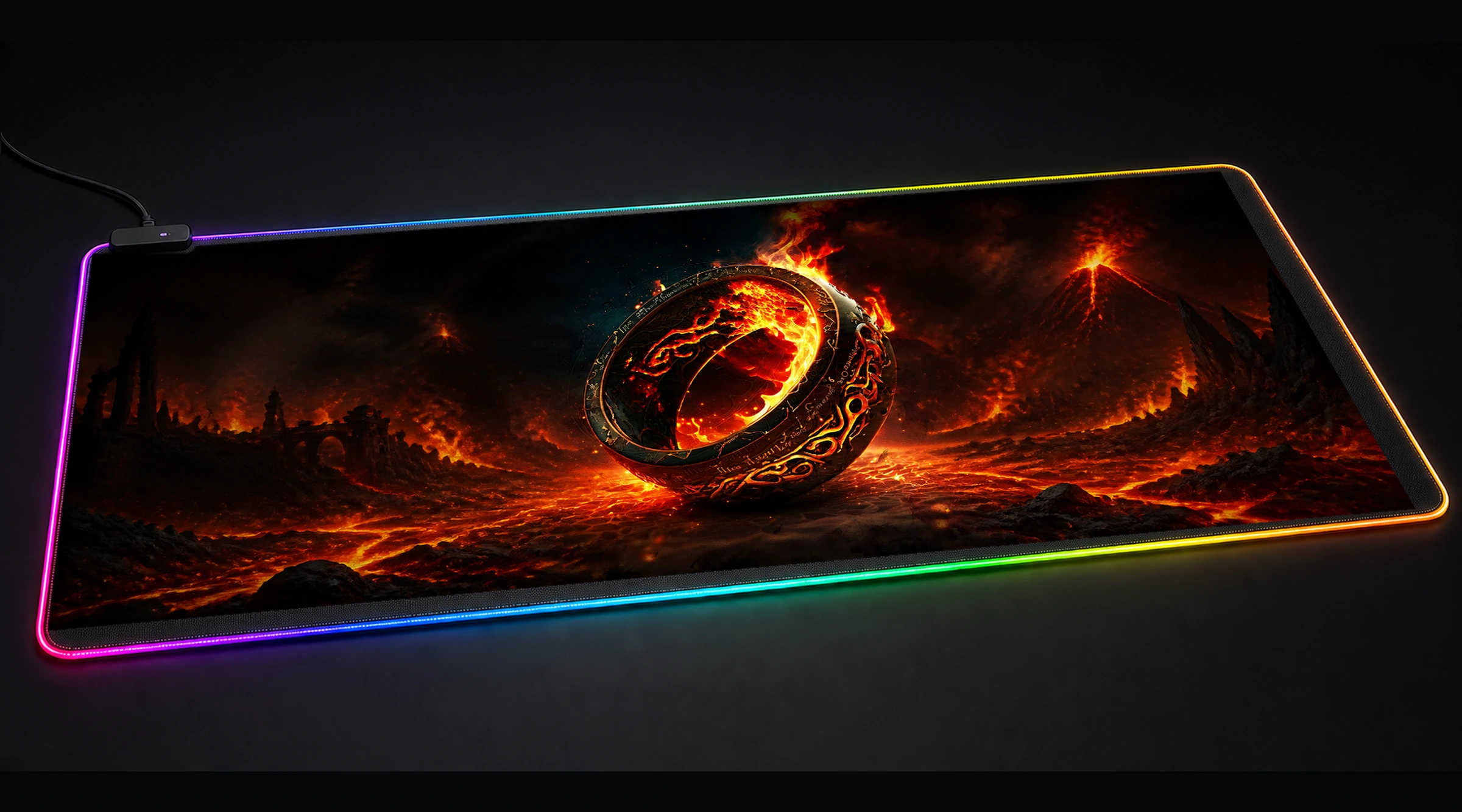 Rings Fire Magic game world art panoramic RGB gaming desk mat product view