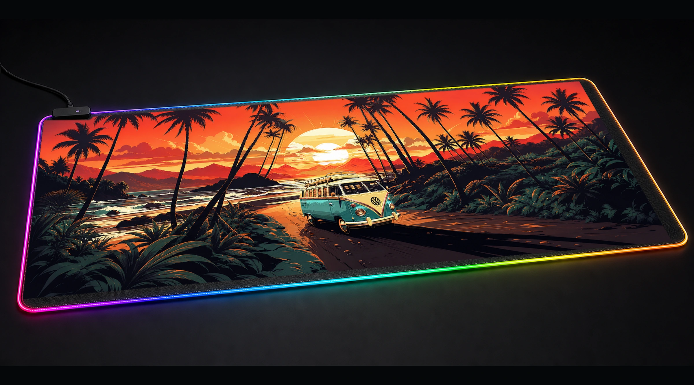 Retro VW Bus Beach Travel ocean wave art panoramic RGB gaming desk mat product view