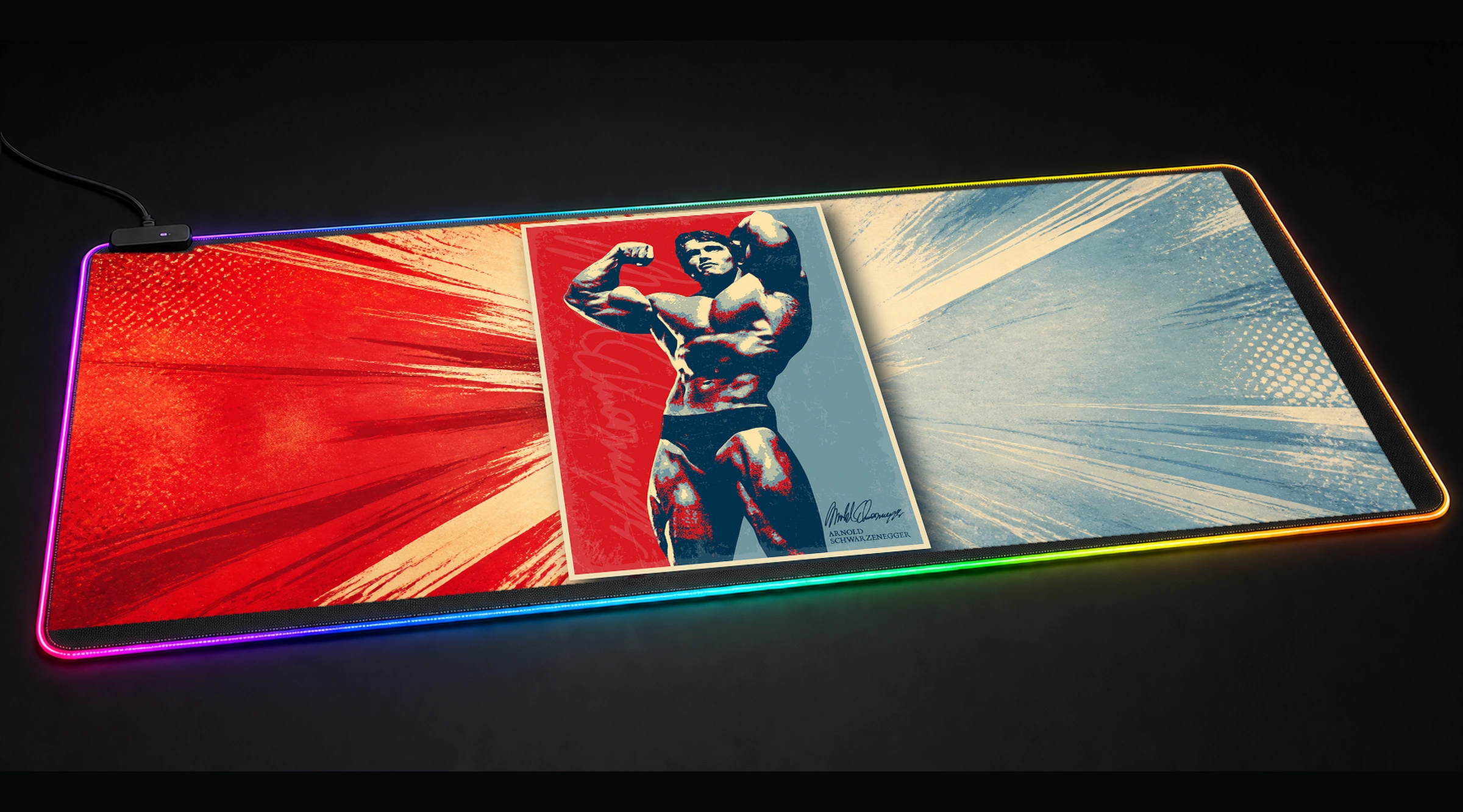 Arnold Schwarzenegger artwork gym fitness art panoramic RGB gaming desk mat product view