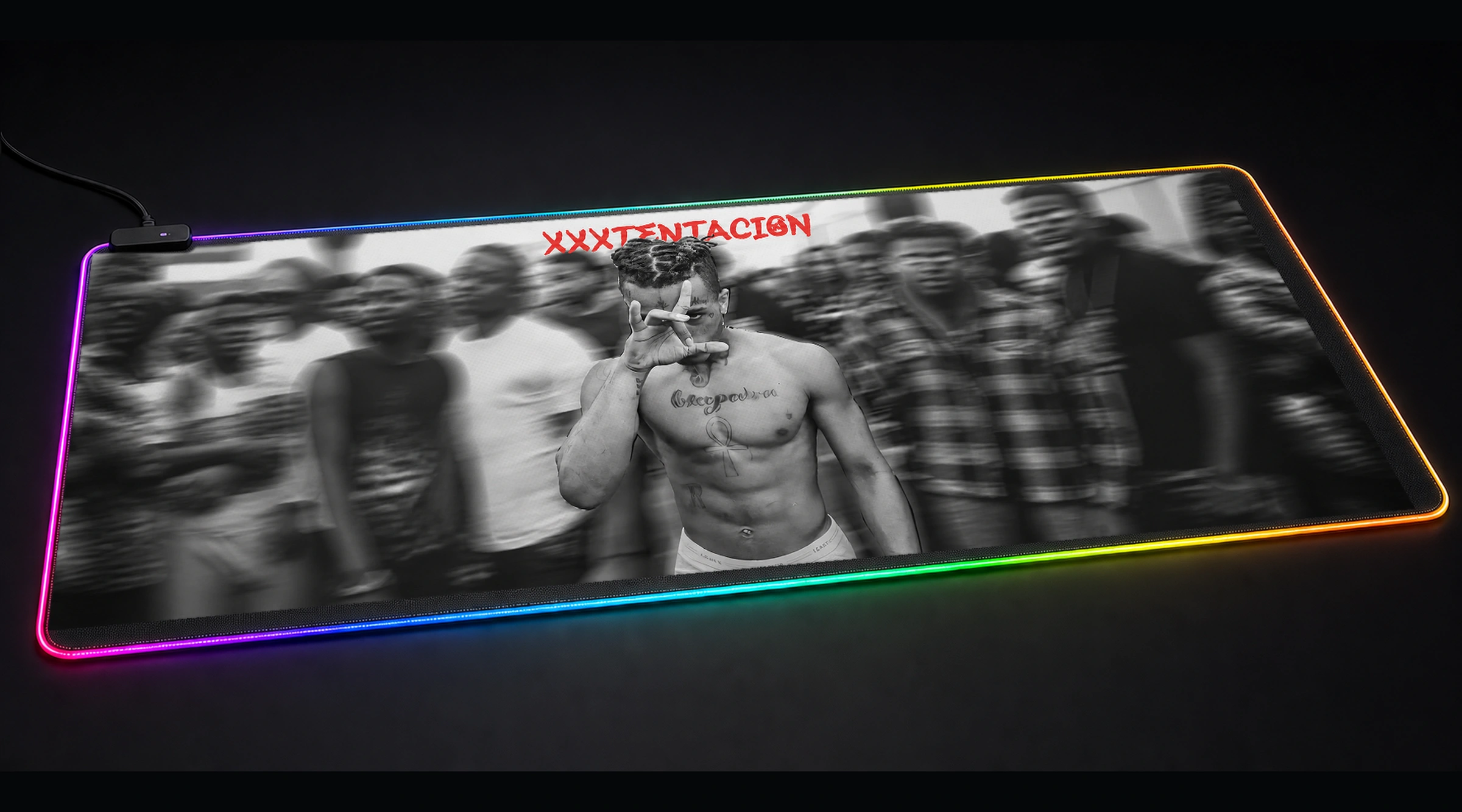 XXXTentacion — Monochrome Encore music band art panoramic RGB gaming desk mat product view