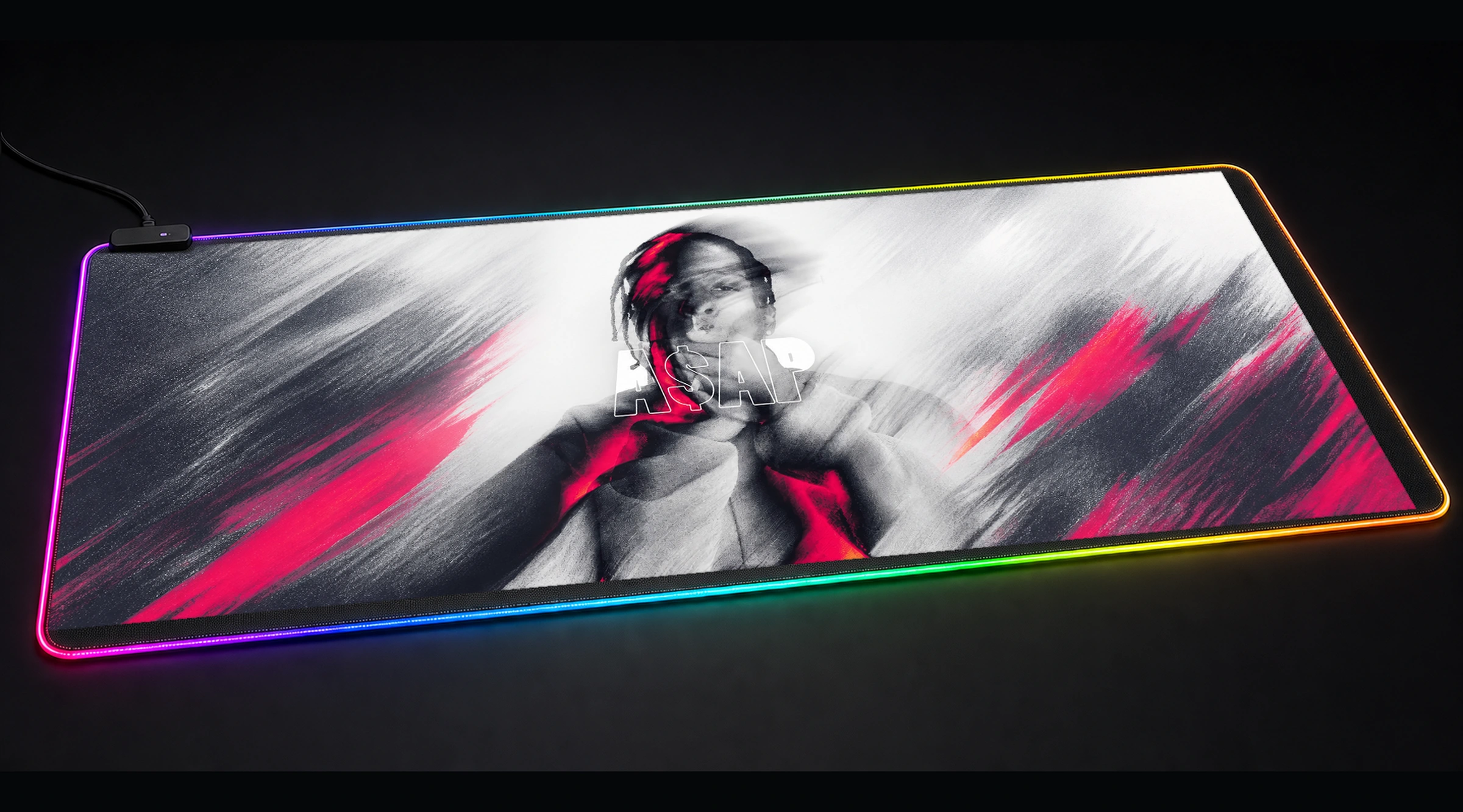 ASAP Rocky Abstract Portrait music band art panoramic RGB gaming desk mat product view