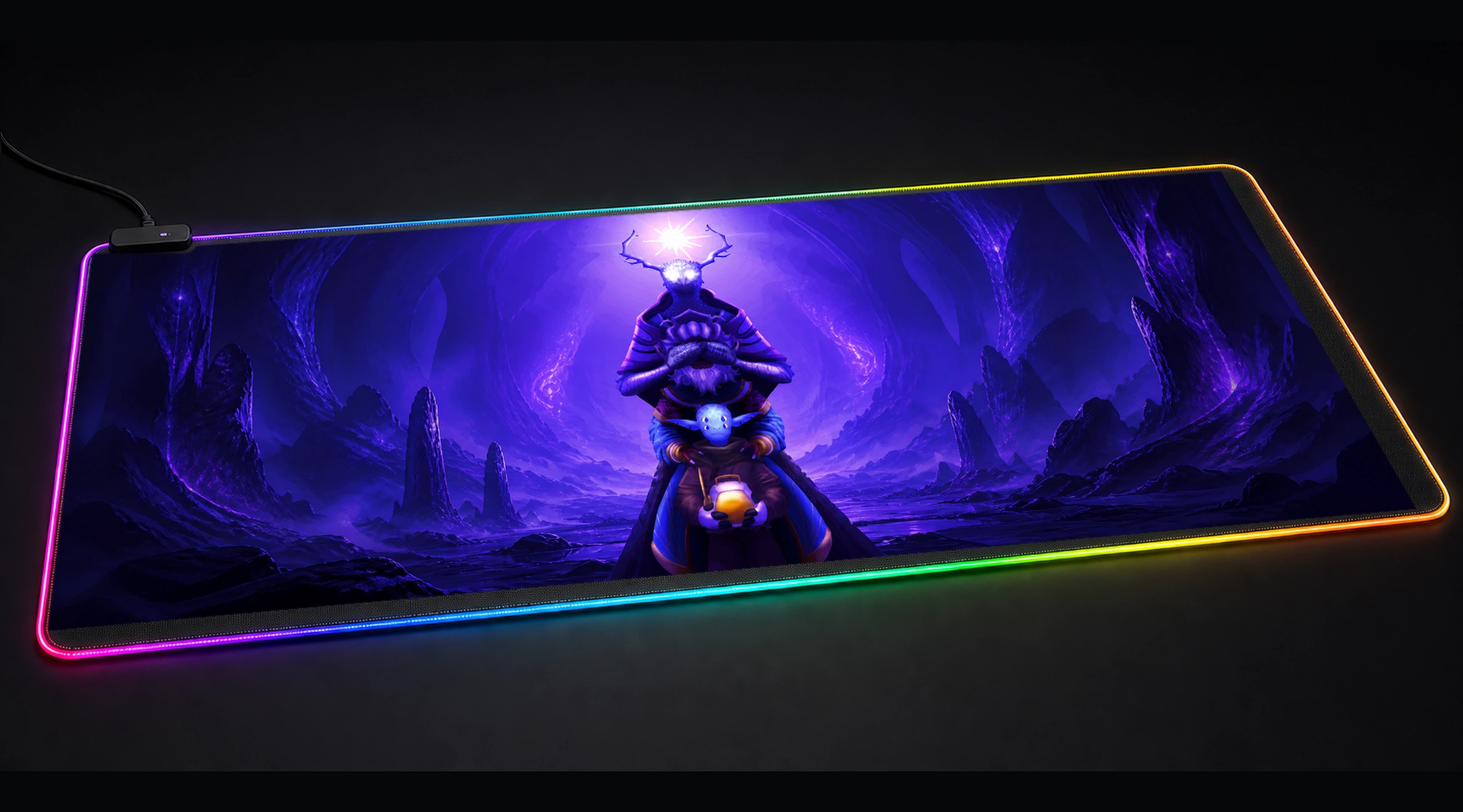 Outer wilds — Violet Checkpoint game world art panoramic RGB gaming desk mat product view