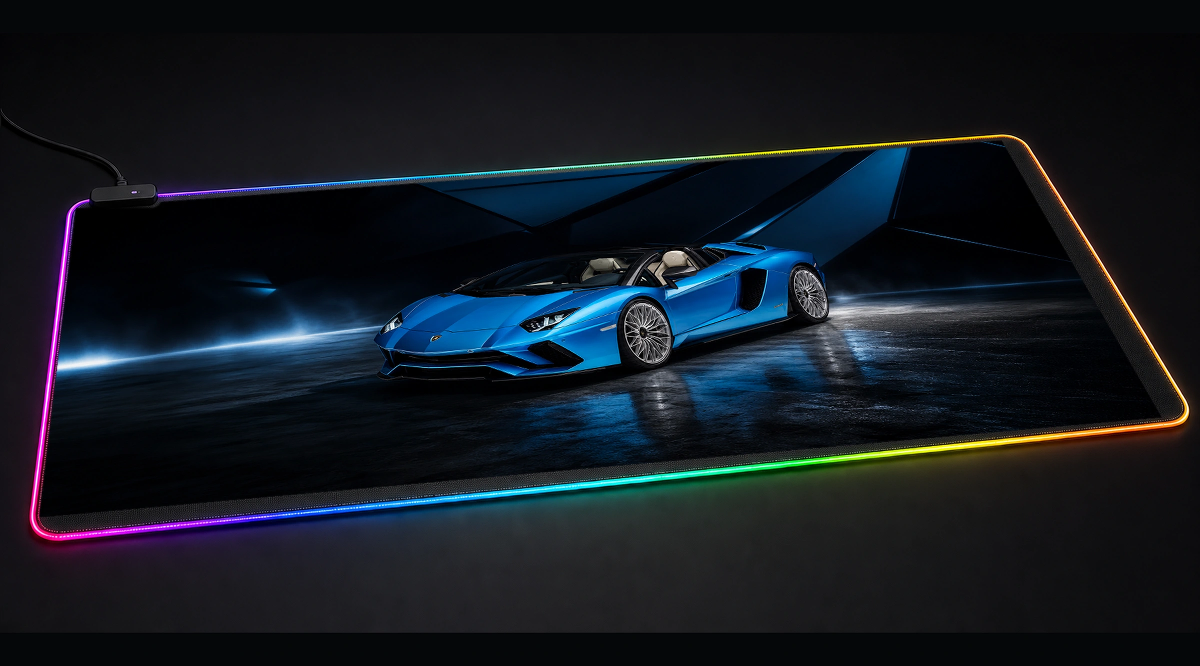 Lamborghini Aventador SVJ Roadster supercar art panoramic RGB gaming desk mat product view