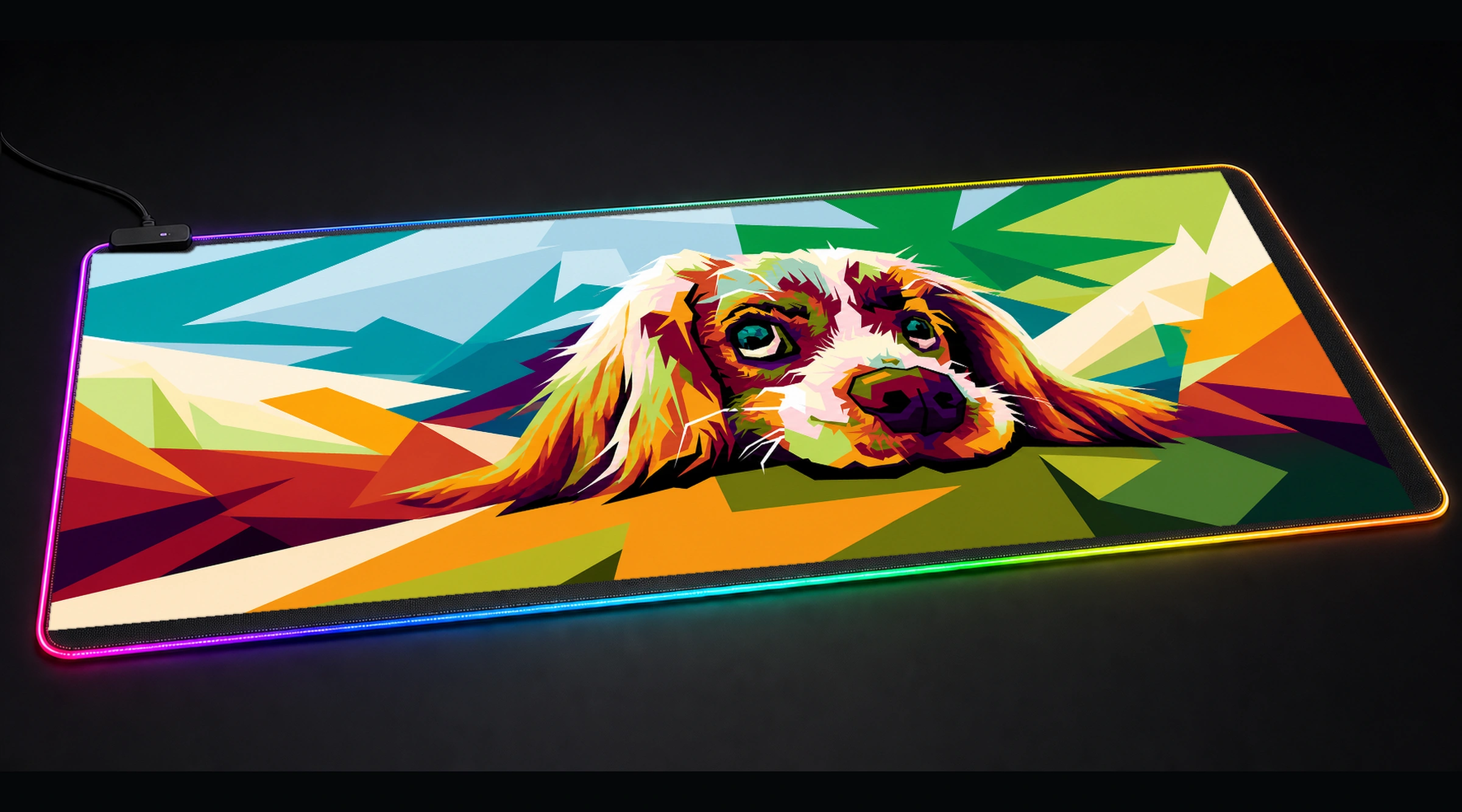 Pet in Popart pet portrait art panoramic RGB gaming desk mat product view