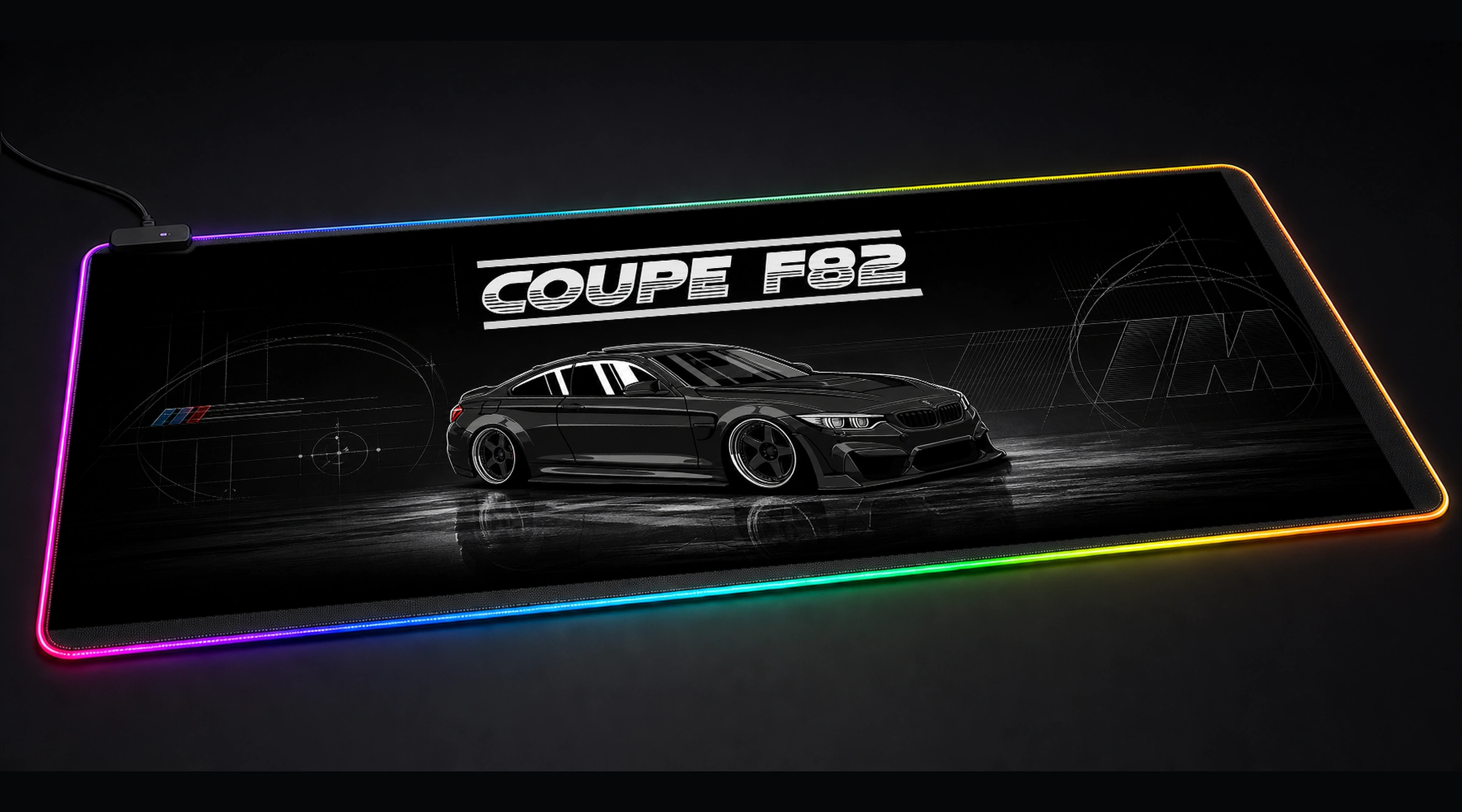 BMW M4 Coupe F82 Black supercar art panoramic RGB gaming desk mat product view
