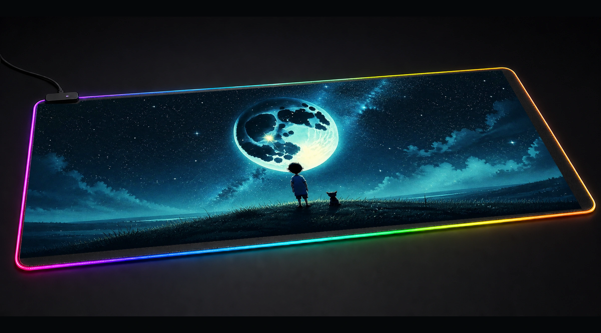 Look at the Moon comic cartoon art panoramic RGB gaming desk mat product view