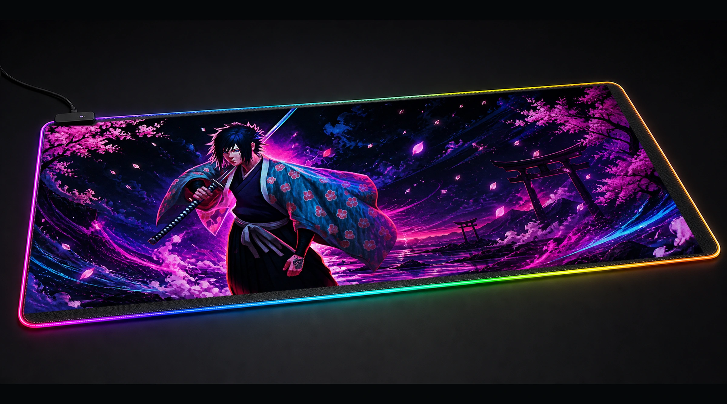 Hunters Wearing Kimonos anime art panoramic RGB gaming desk mat product view