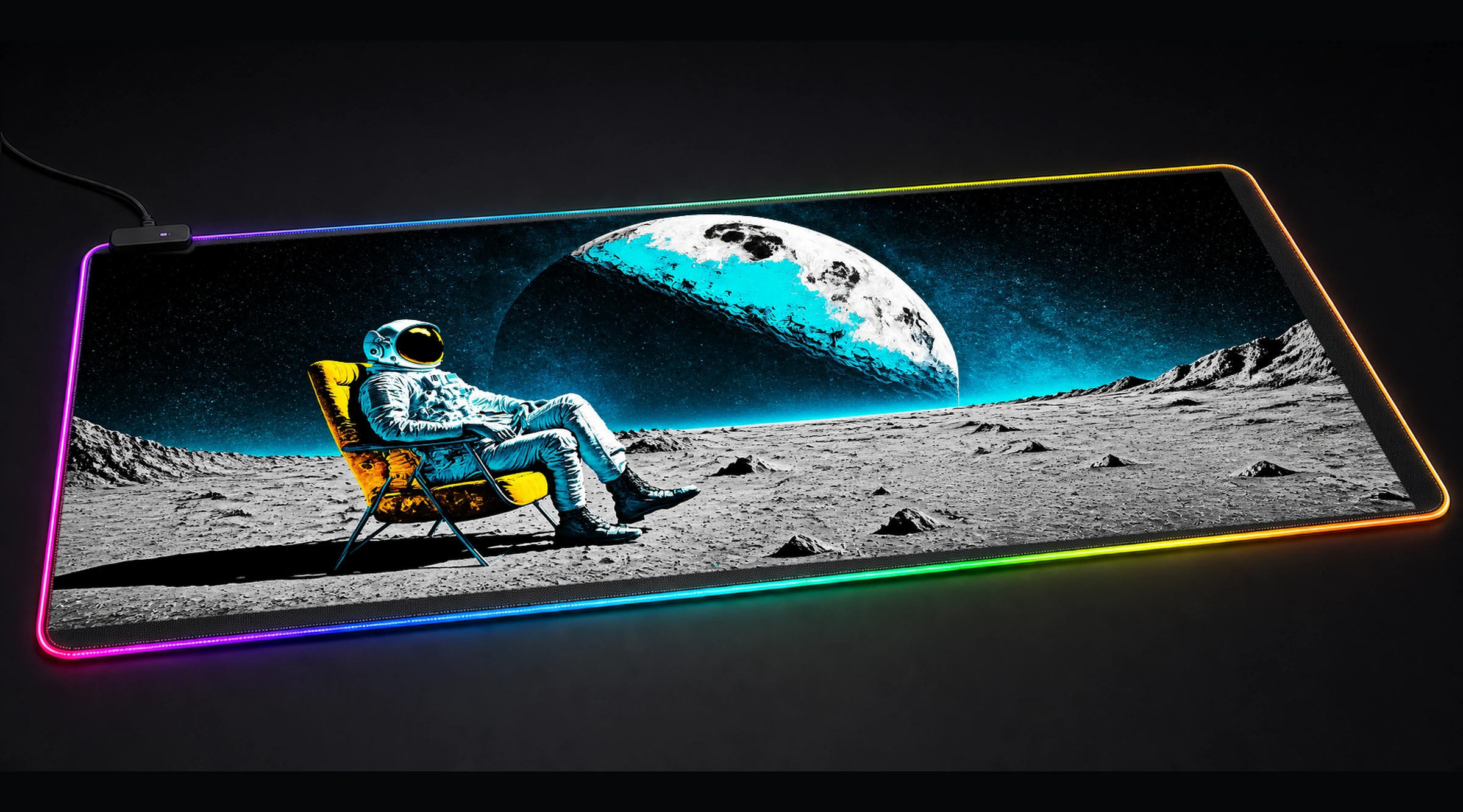 Astronaut sitting In Chair astronaut space art panoramic RGB gaming desk mat product view
