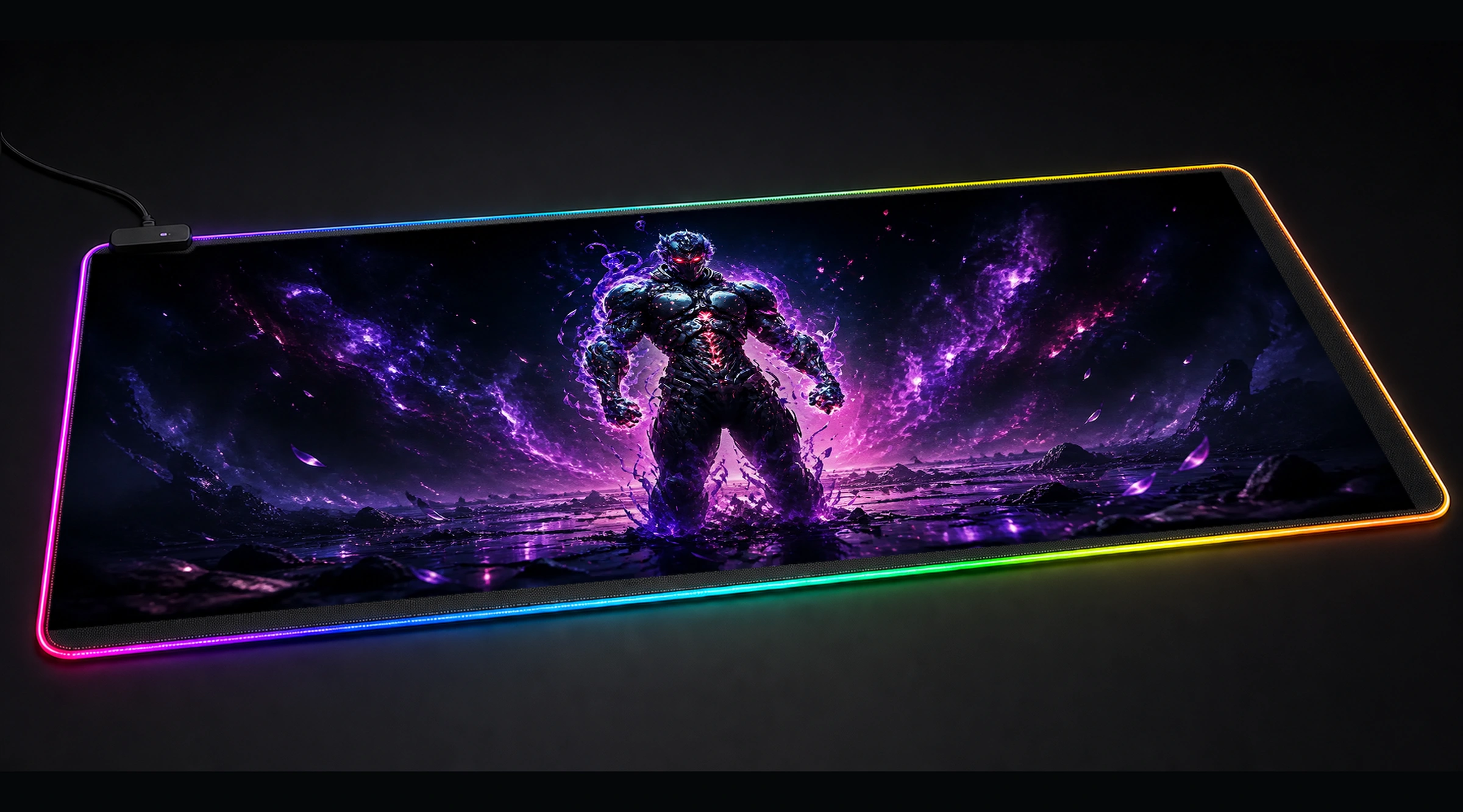 Dark Ninja Purple Aura game world art panoramic RGB gaming desk mat product view