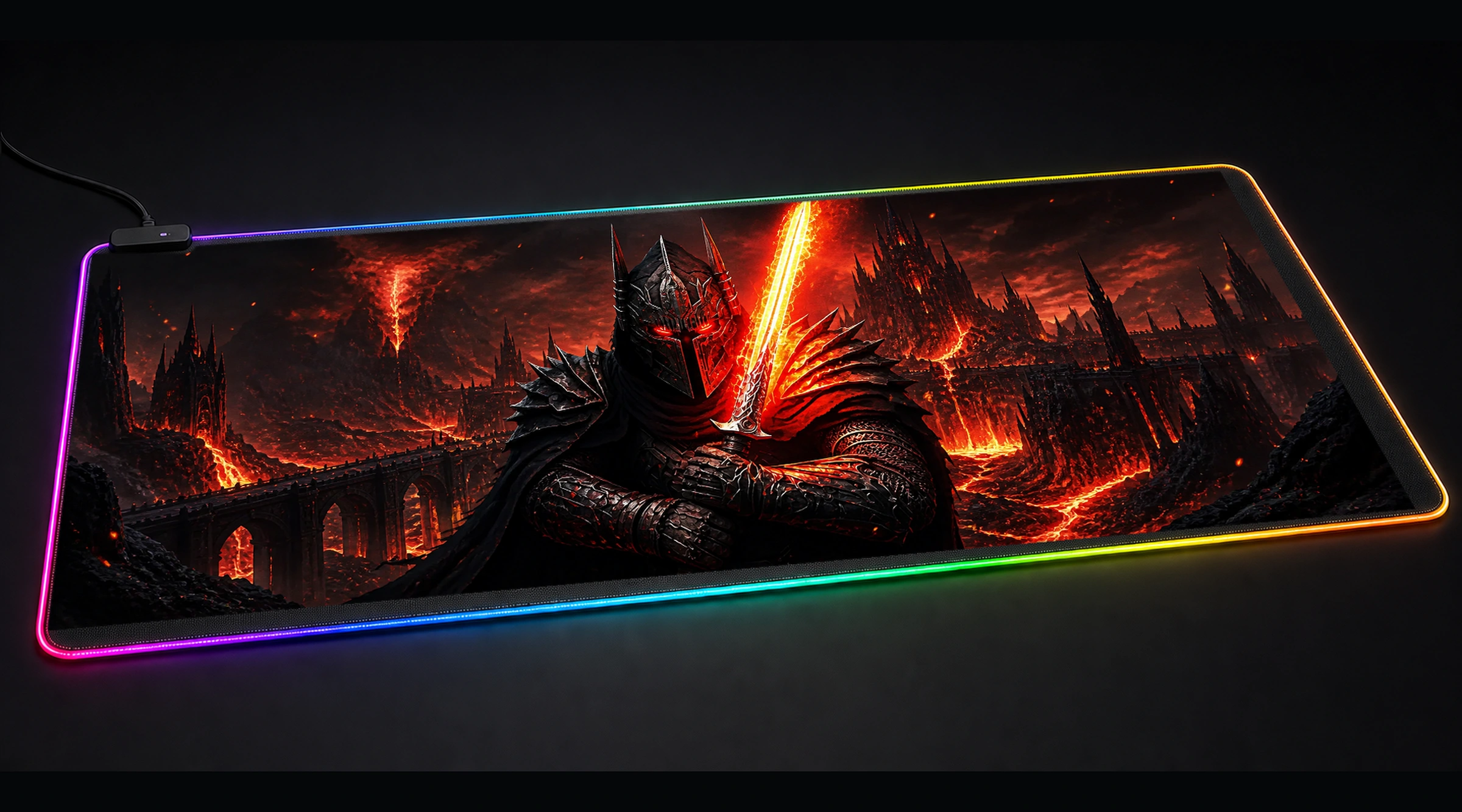 The Dark Knight Armored medieval warrior panoramic RGB gaming desk mat product view