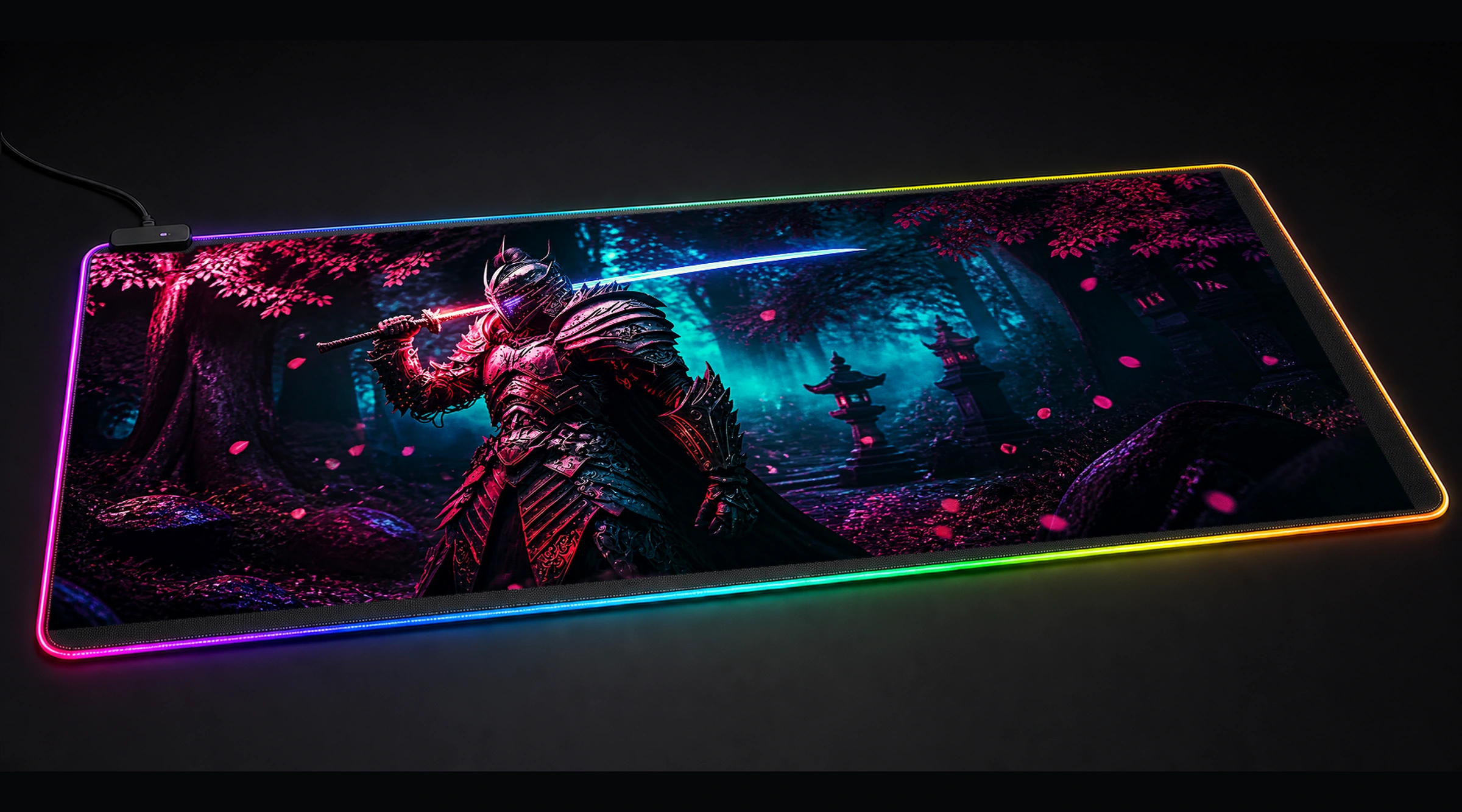 Swordsman Wearing Armor medieval warrior panoramic RGB gaming desk mat product view