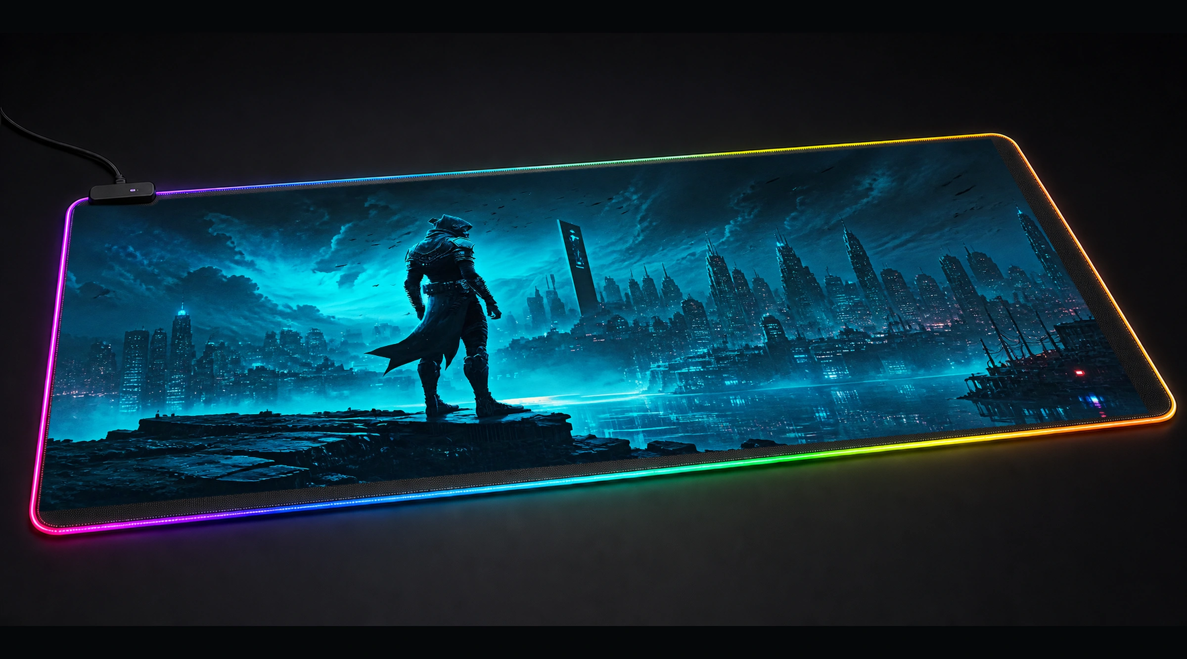 Dark hero fantasy art panoramic RGB gaming desk mat product view