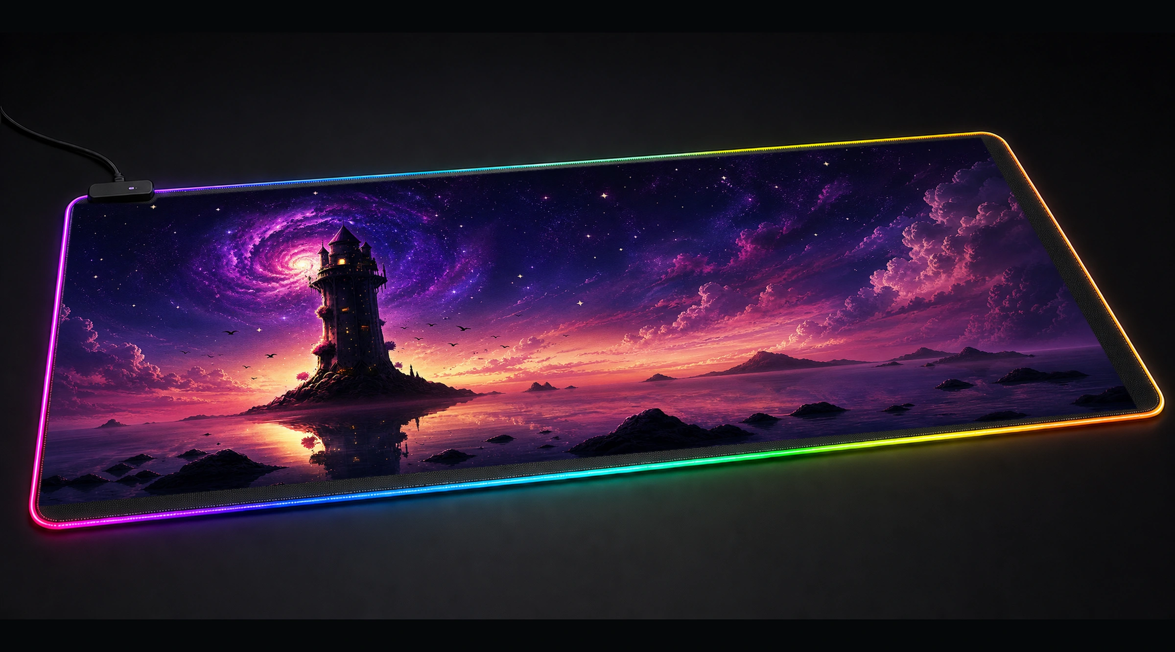 Paint Lighthouse fantasy art panoramic RGB gaming desk mat product view